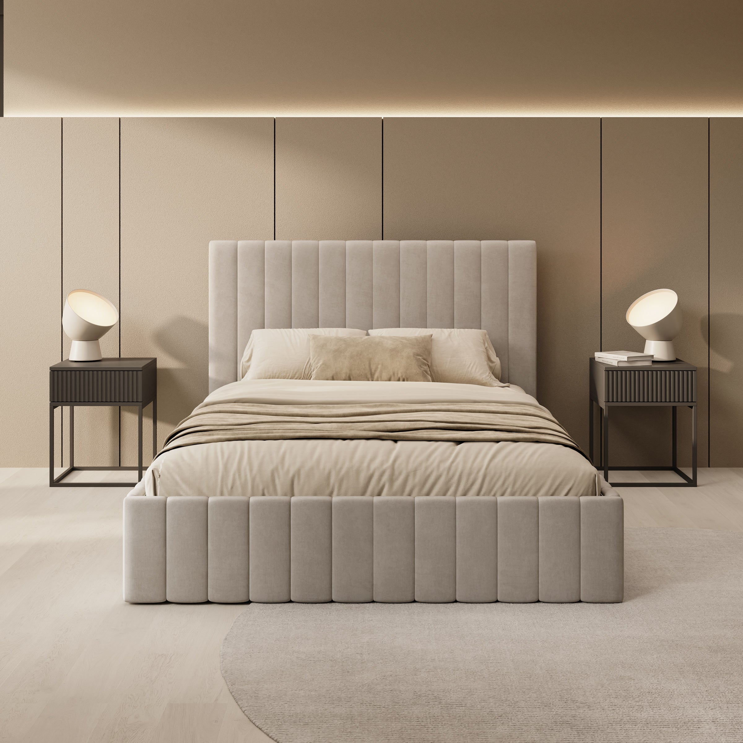 Luz - Tweepersoonsbed met opbergruimte - Beige velvet - 140x200 cm