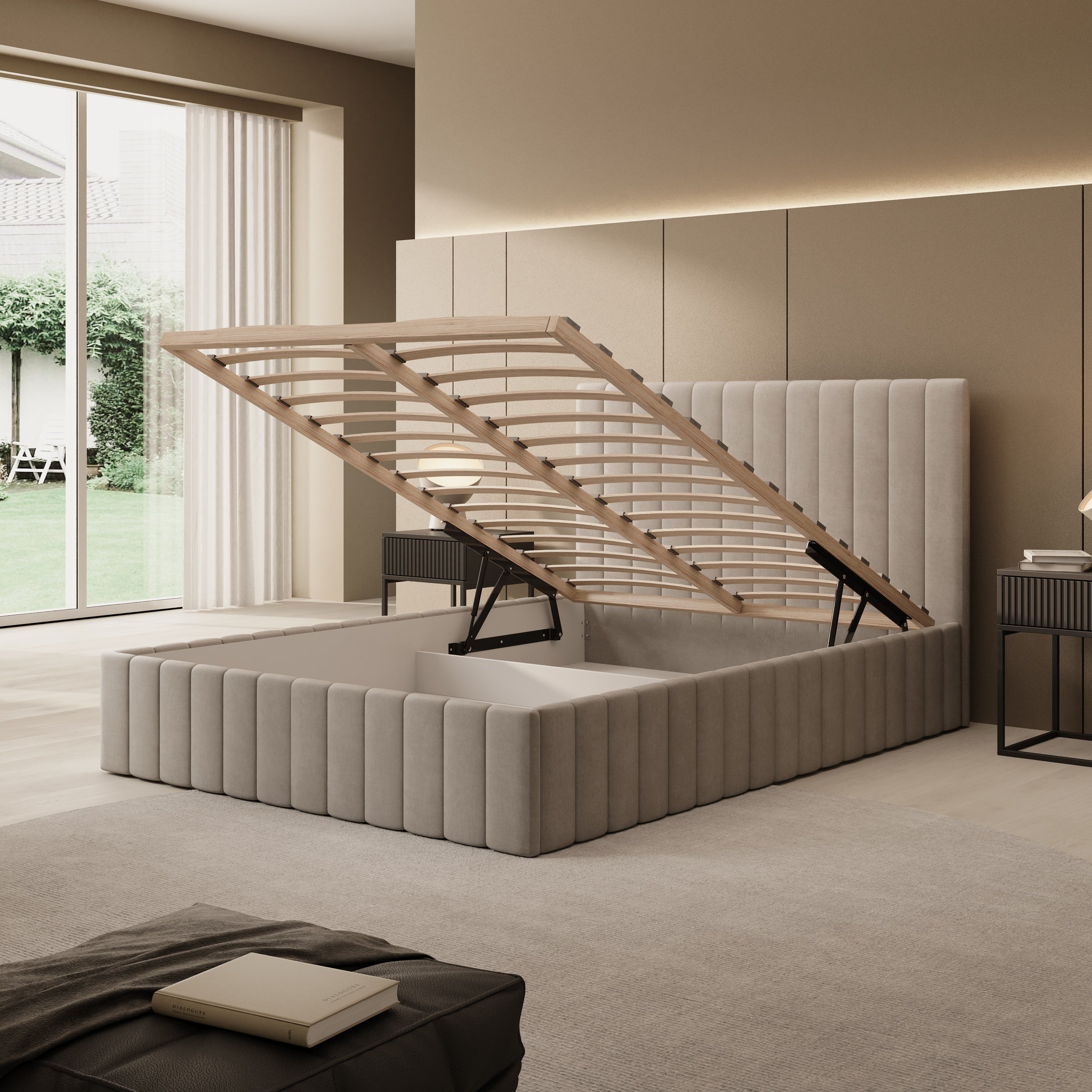 Luz - Tweepersoonsbed met opbergruimte - Beige velvet - 140x200 cm