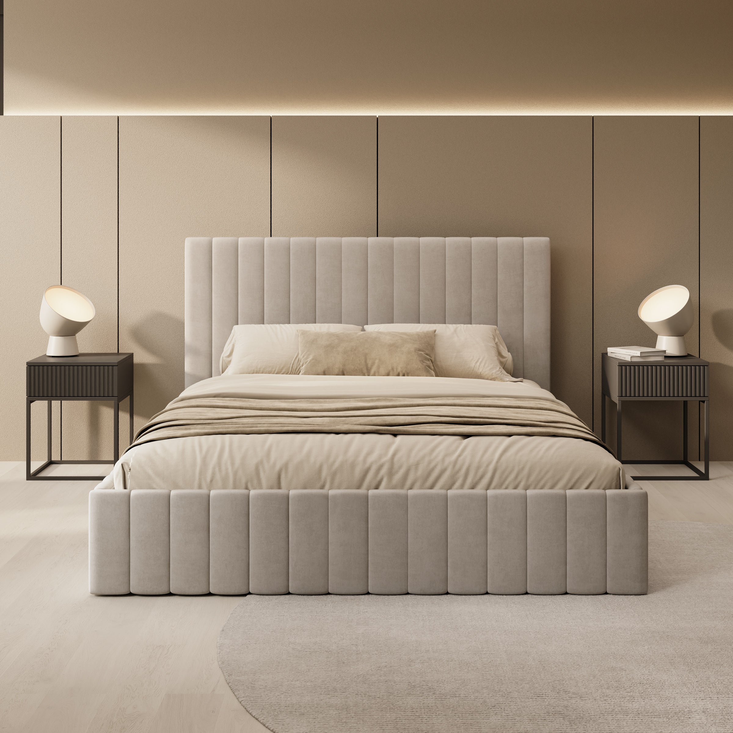 Luz - Tweepersoonsbed met opbergruimte - Beige velvet - 160x200 cm