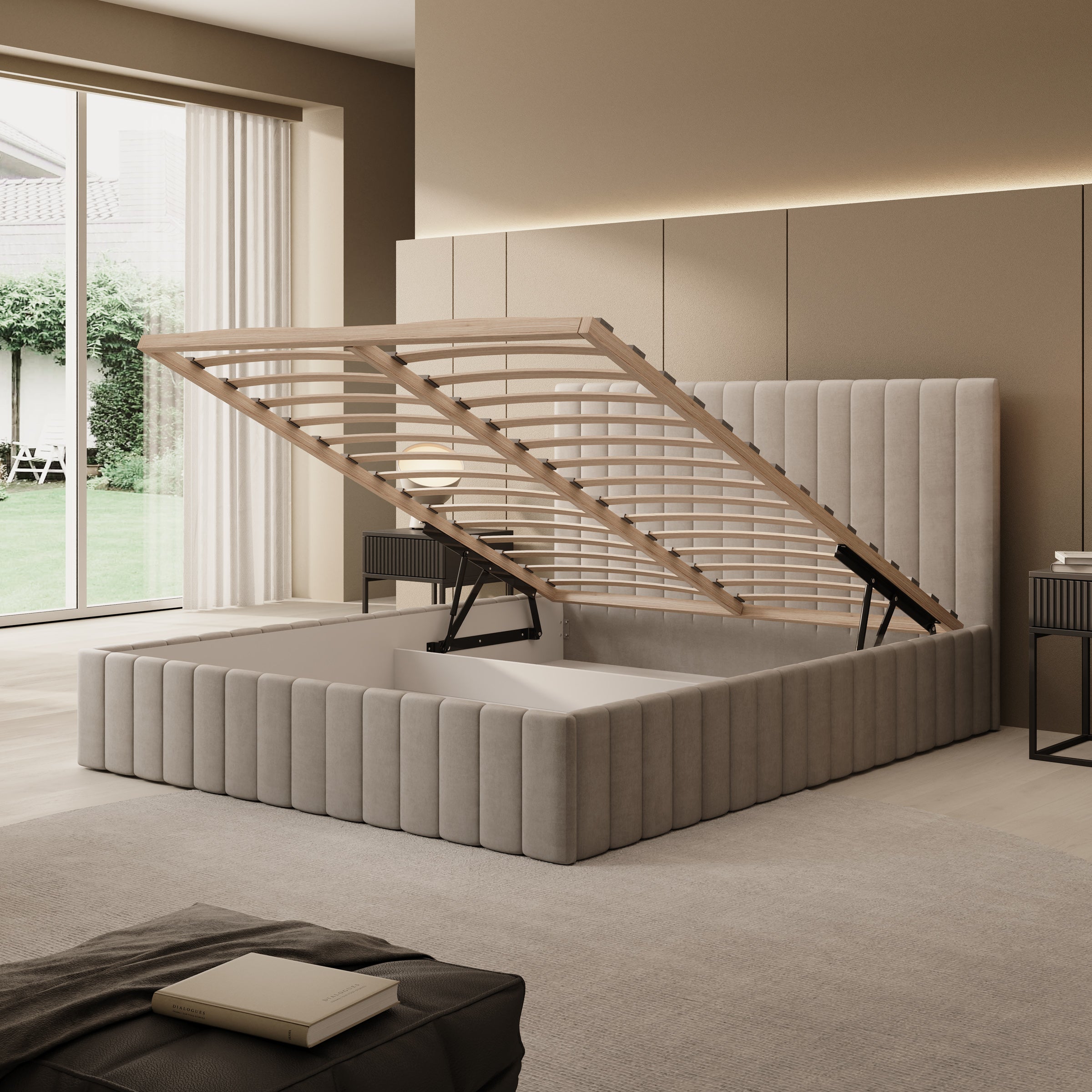 Luz - Tweepersoonsbed met opbergruimte - Beige velvet - 160x200 cm