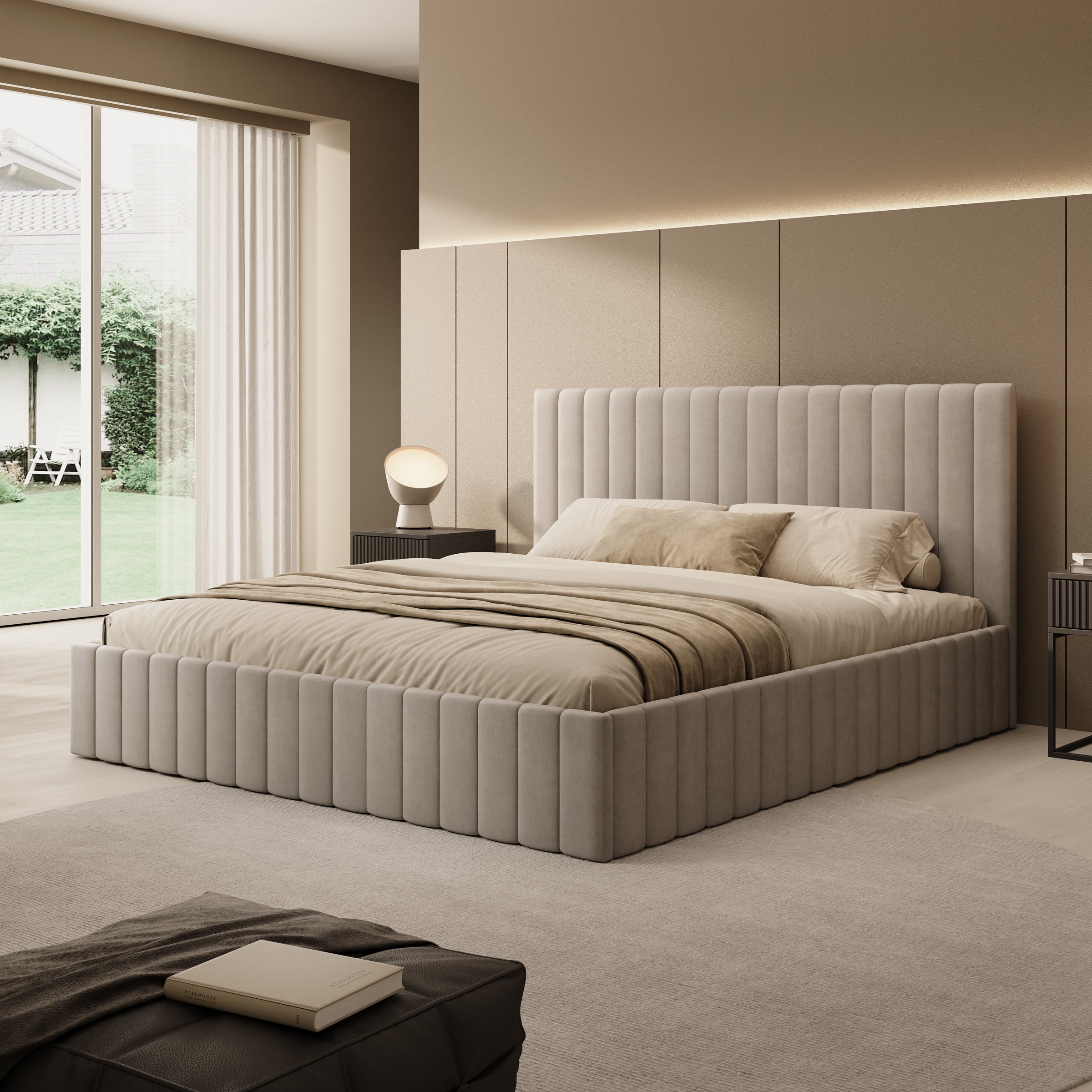 Luz - Tweepersoonsbed met opbergruimte - Beige velvet - 180x200 cm