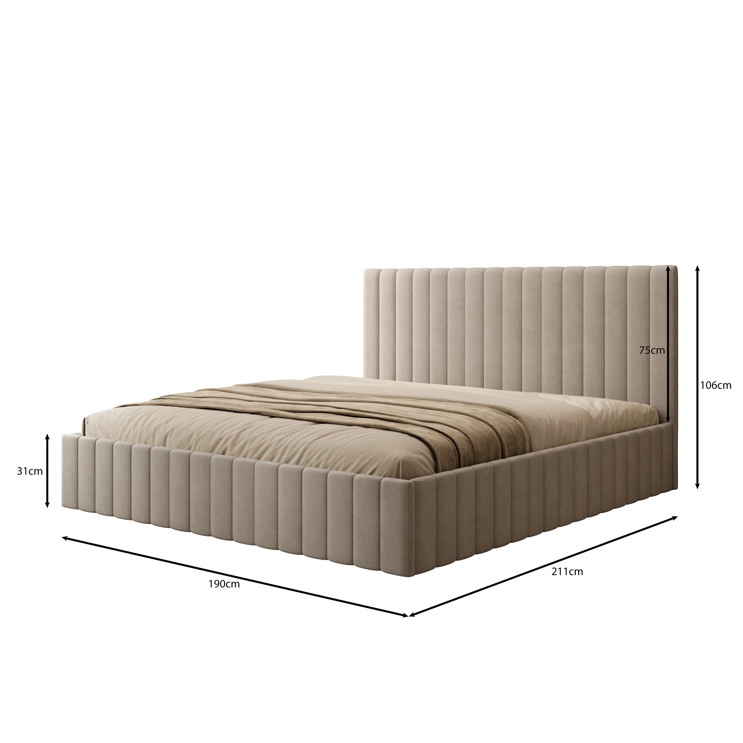 Luz - Tweepersoonsbed met opbergruimte - Beige velvet - 180x200 cm