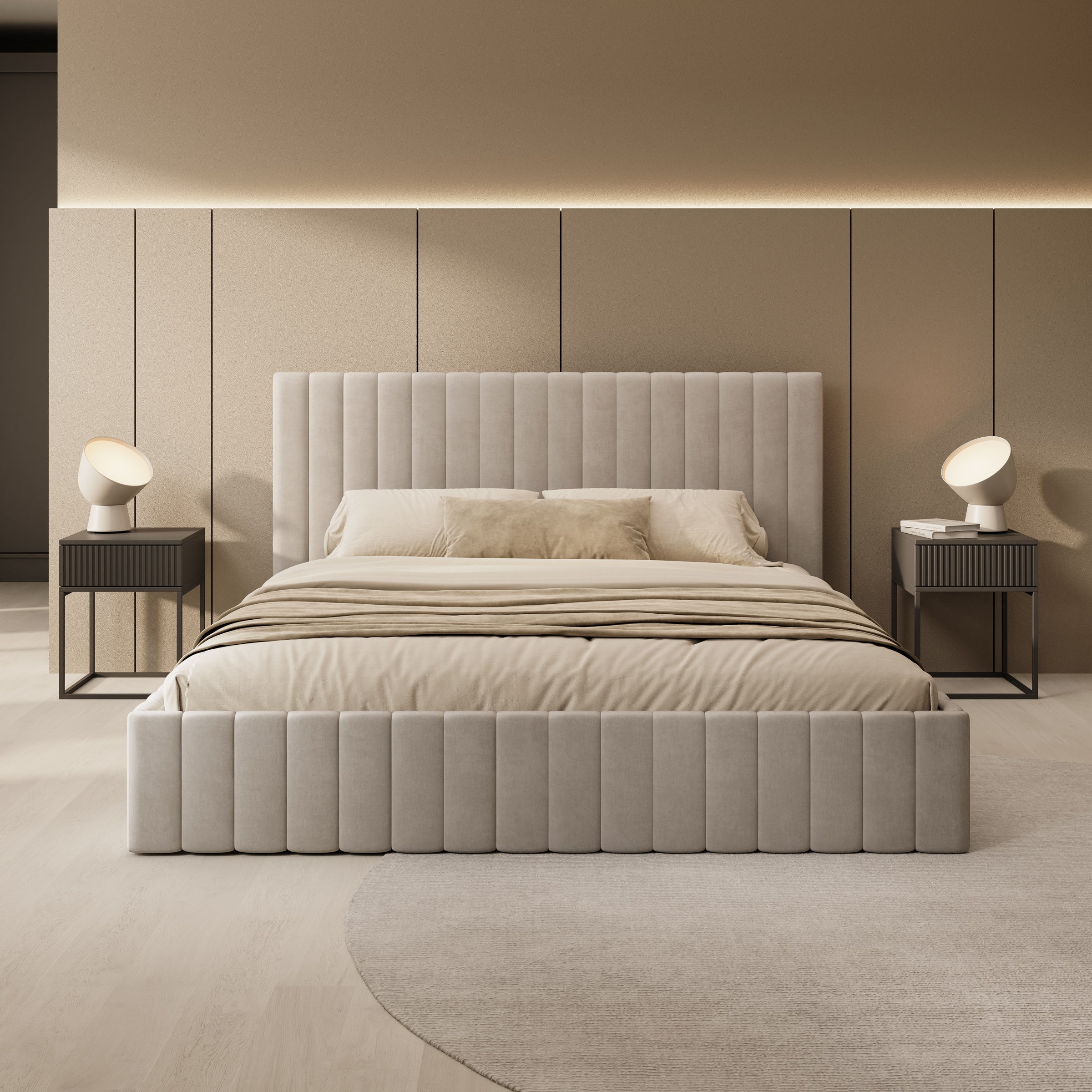 Luz - Tweepersoonsbed met opbergruimte - Beige velvet - 180x200 cm