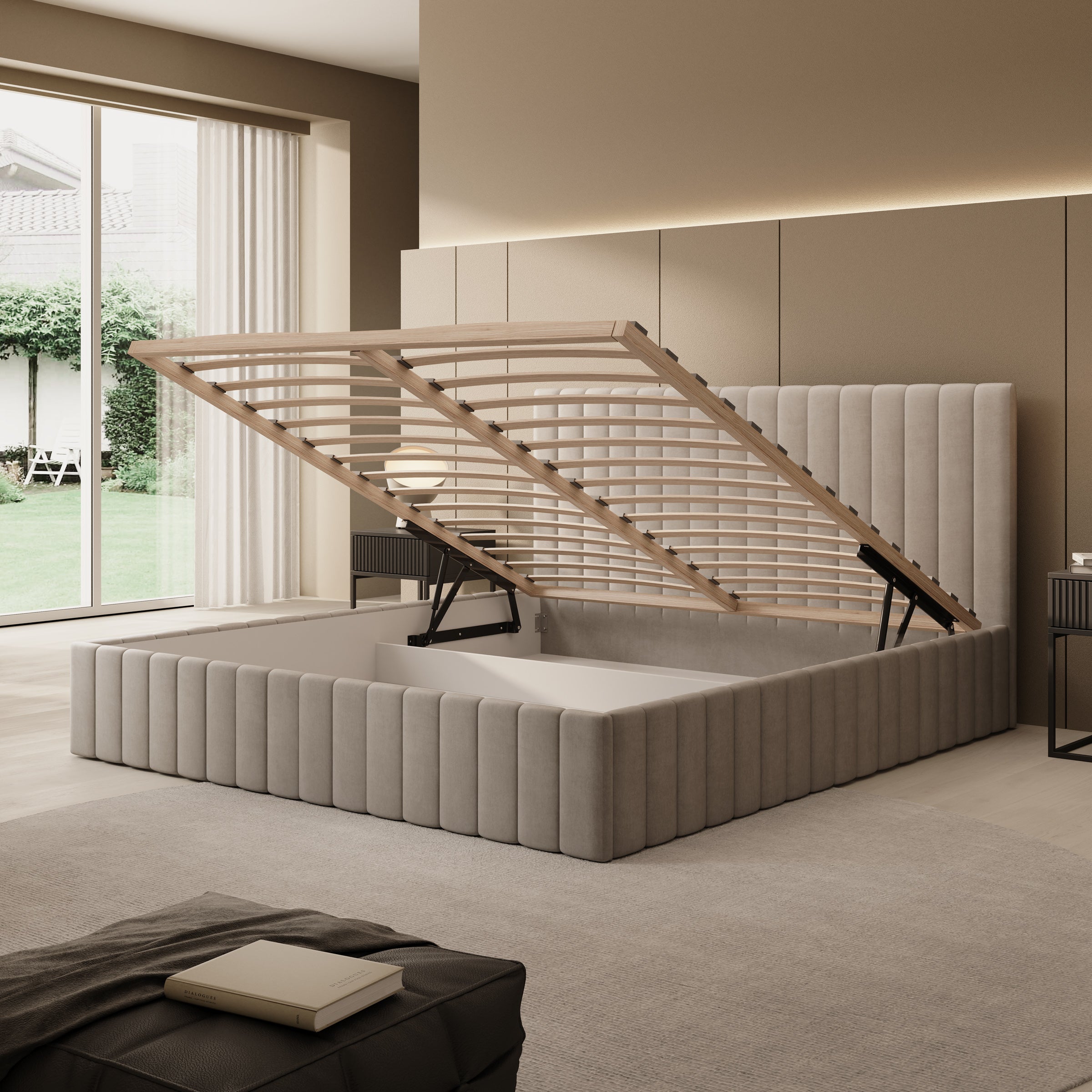 Luz - Tweepersoonsbed met opbergruimte - Beige velvet - 180x200 cm