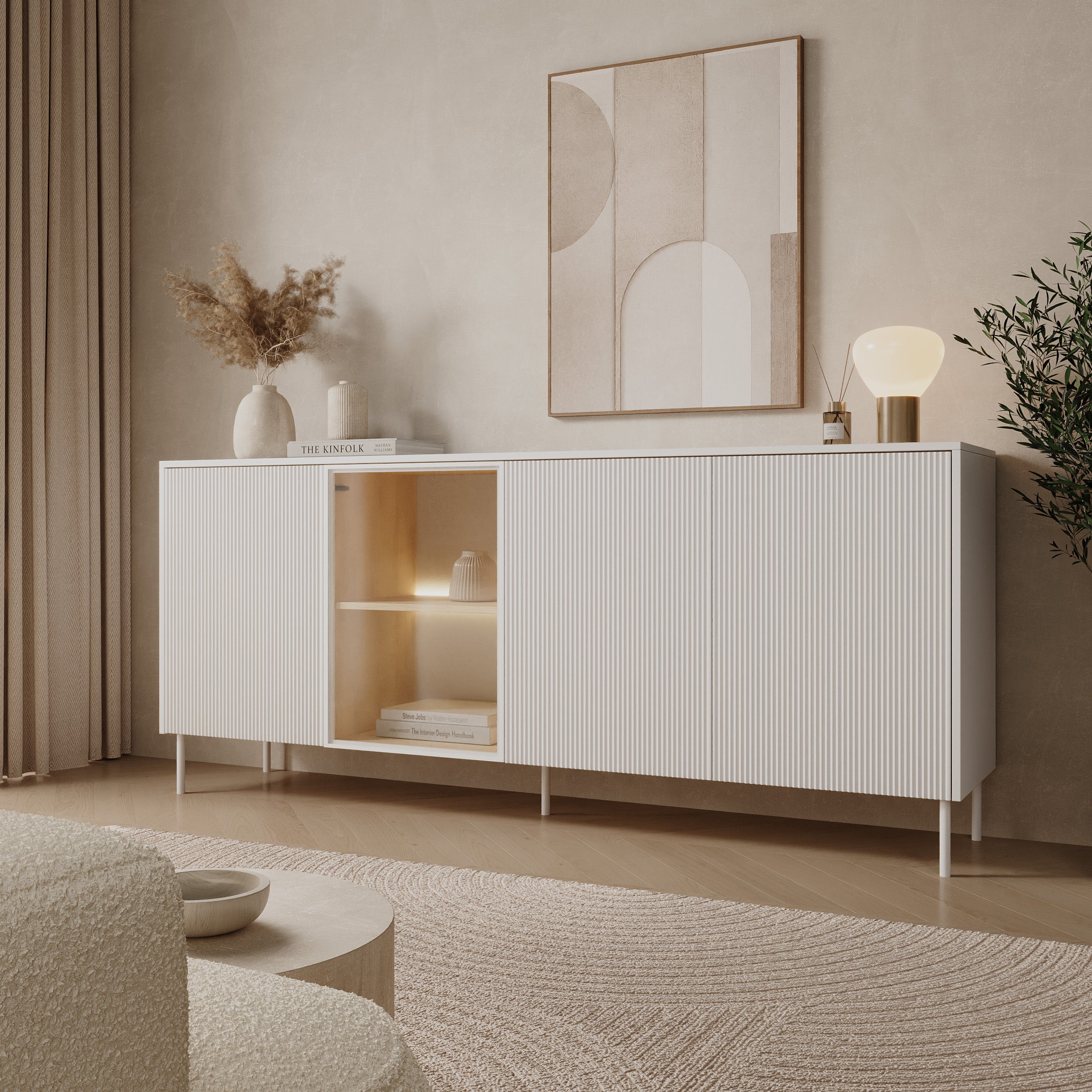 Lynton - Dressoir met LED - Wit/Licht eikenpatroon - 195x41x83 cm