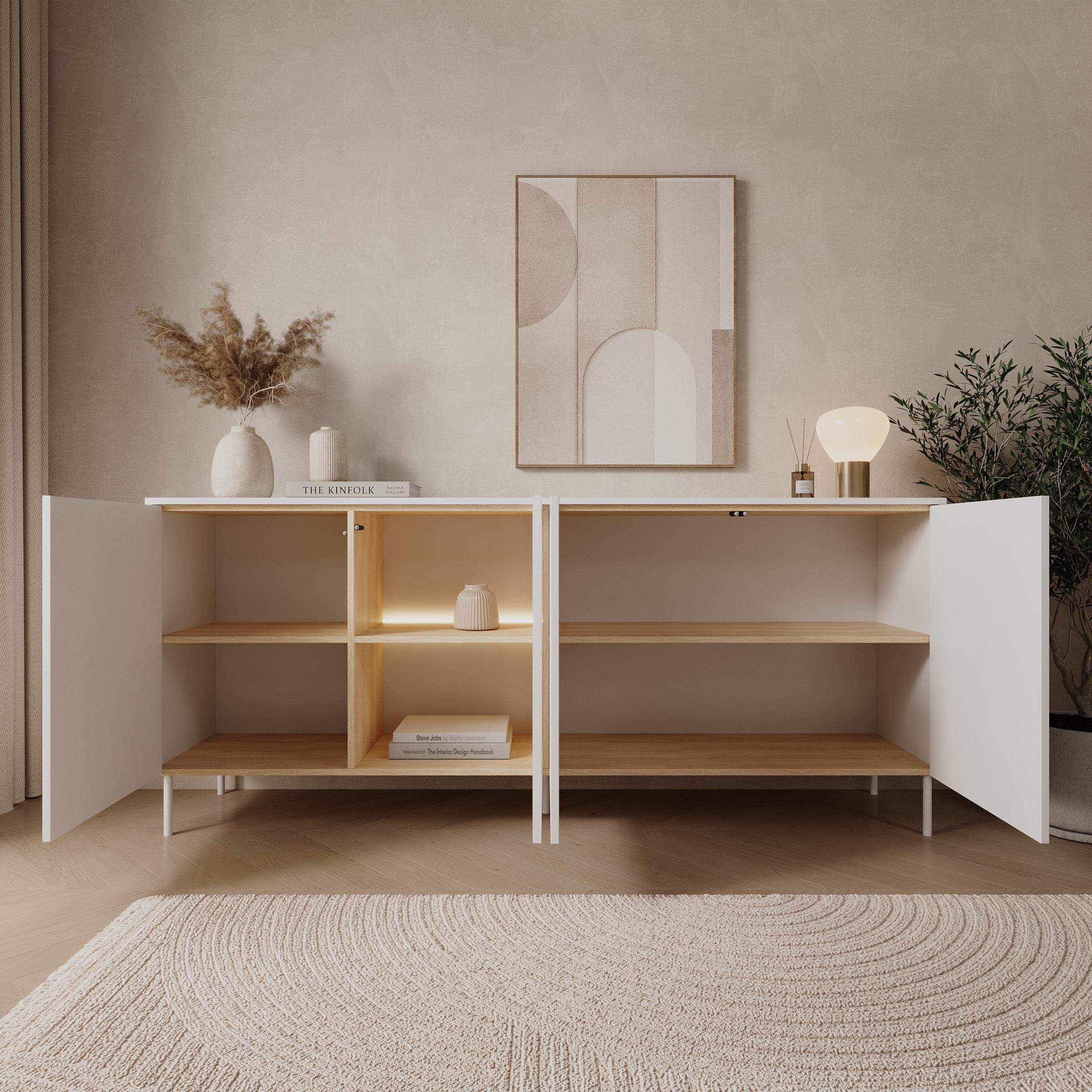Lynton - Dressoir met LED - Wit/Licht eikenpatroon - 195x41x83 cm
