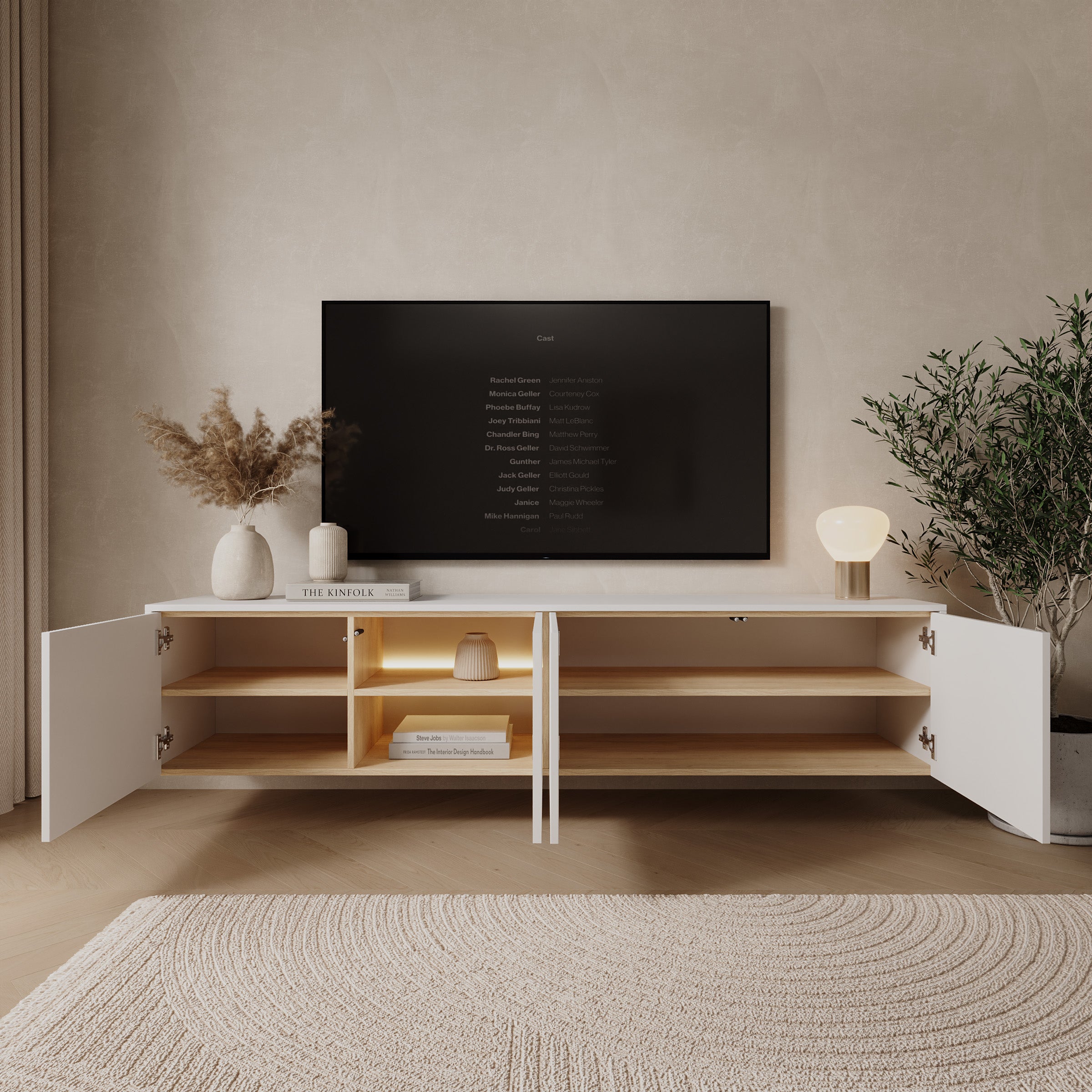 Lynton - TV-Meubel met LED - Wit/Licht eikenpatroon - 195x41x42 cm
