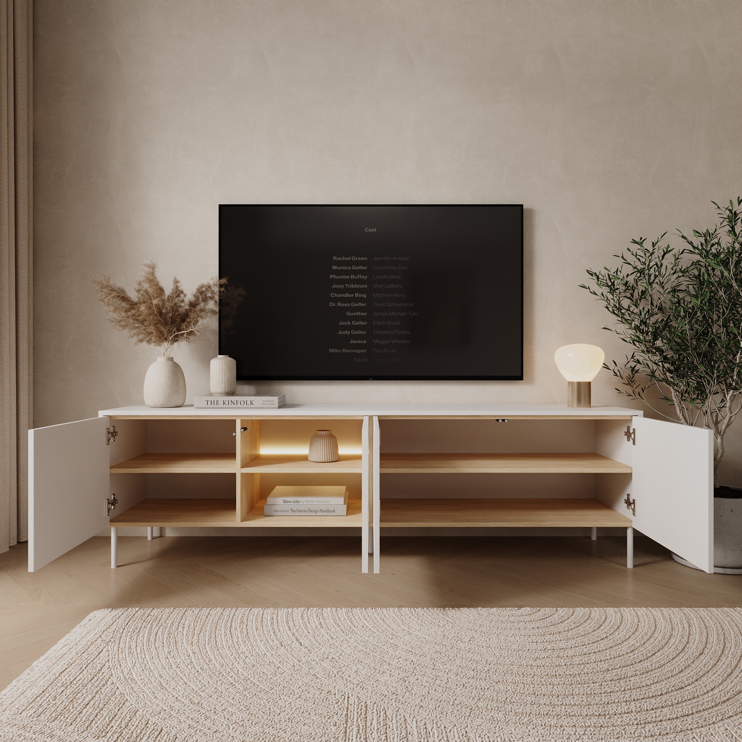 Lynton - TV-Meubel met LED - Wit/Licht eikenpatroon - 195x41x57 cm