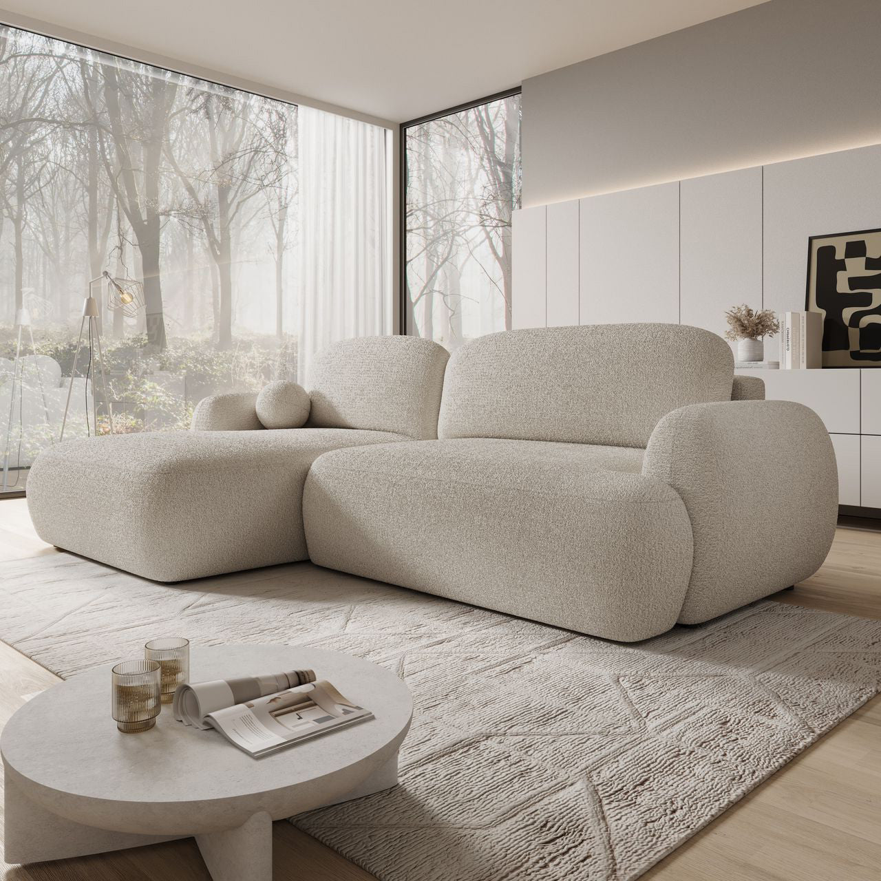 Malaga - Hoekbank 3-zits met chaise longue - Teddystof beige - Links