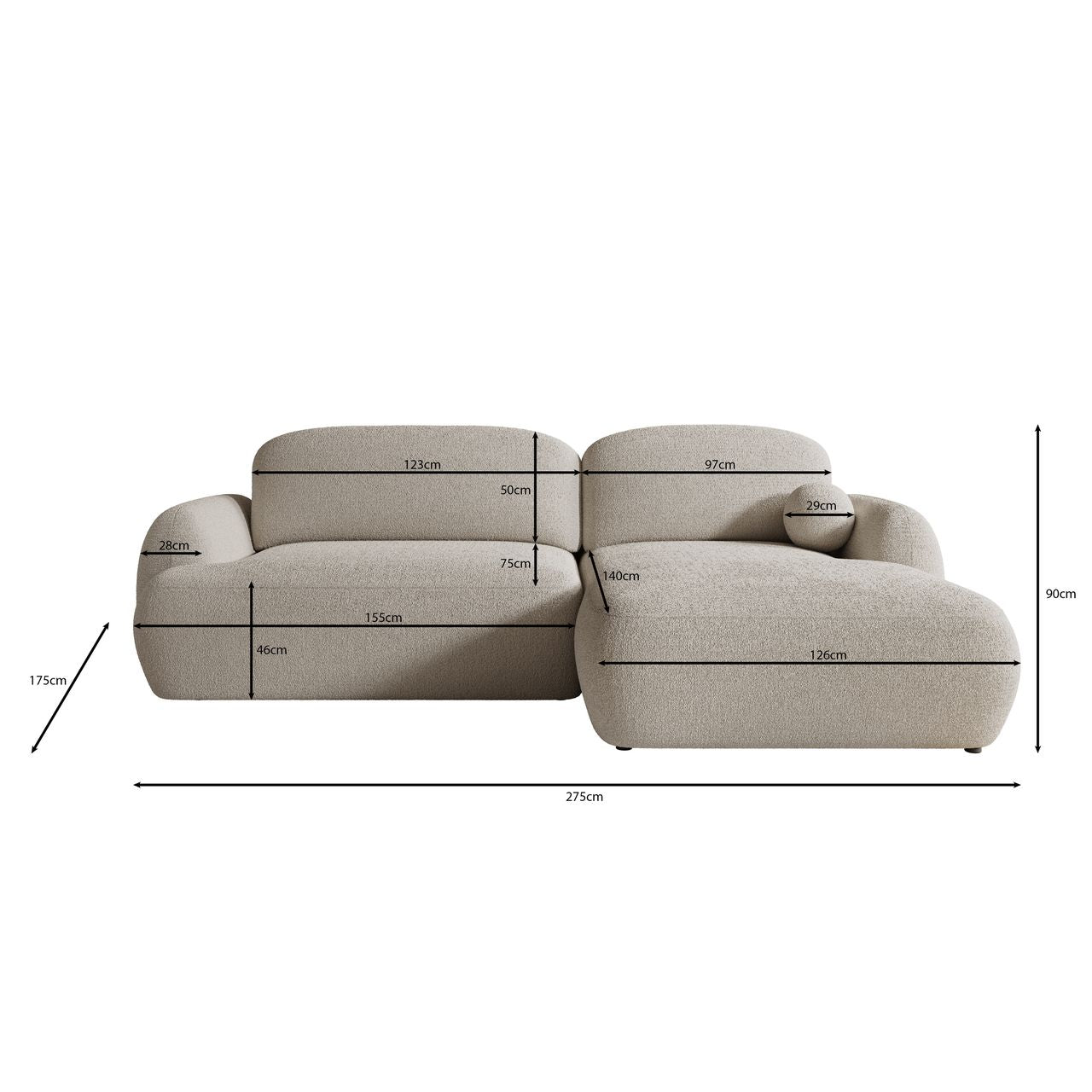 Malaga - Hoekbank 3-zits met chaise longue - Teddystof beige - Rechts
