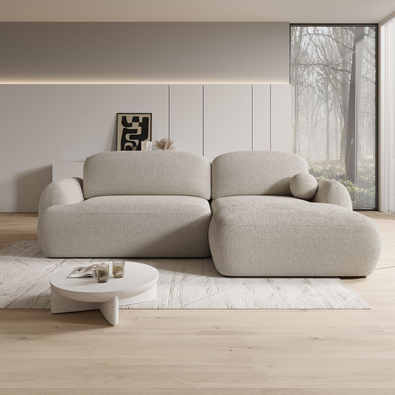 Malaga - Hoekbank 3-zits met chaise longue - Teddystof beige - Rechts