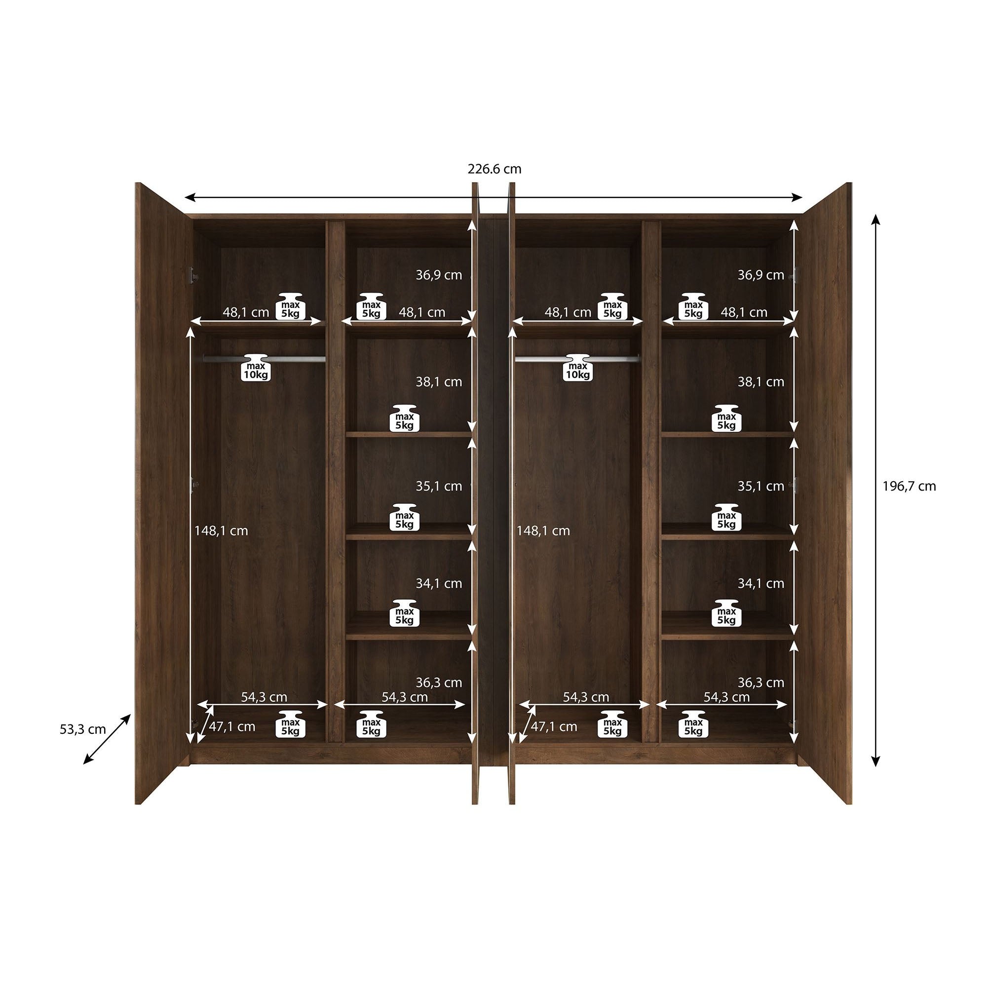 Malibu - Kledingkast 4-deurs - Eiken - 227x53x197 cm