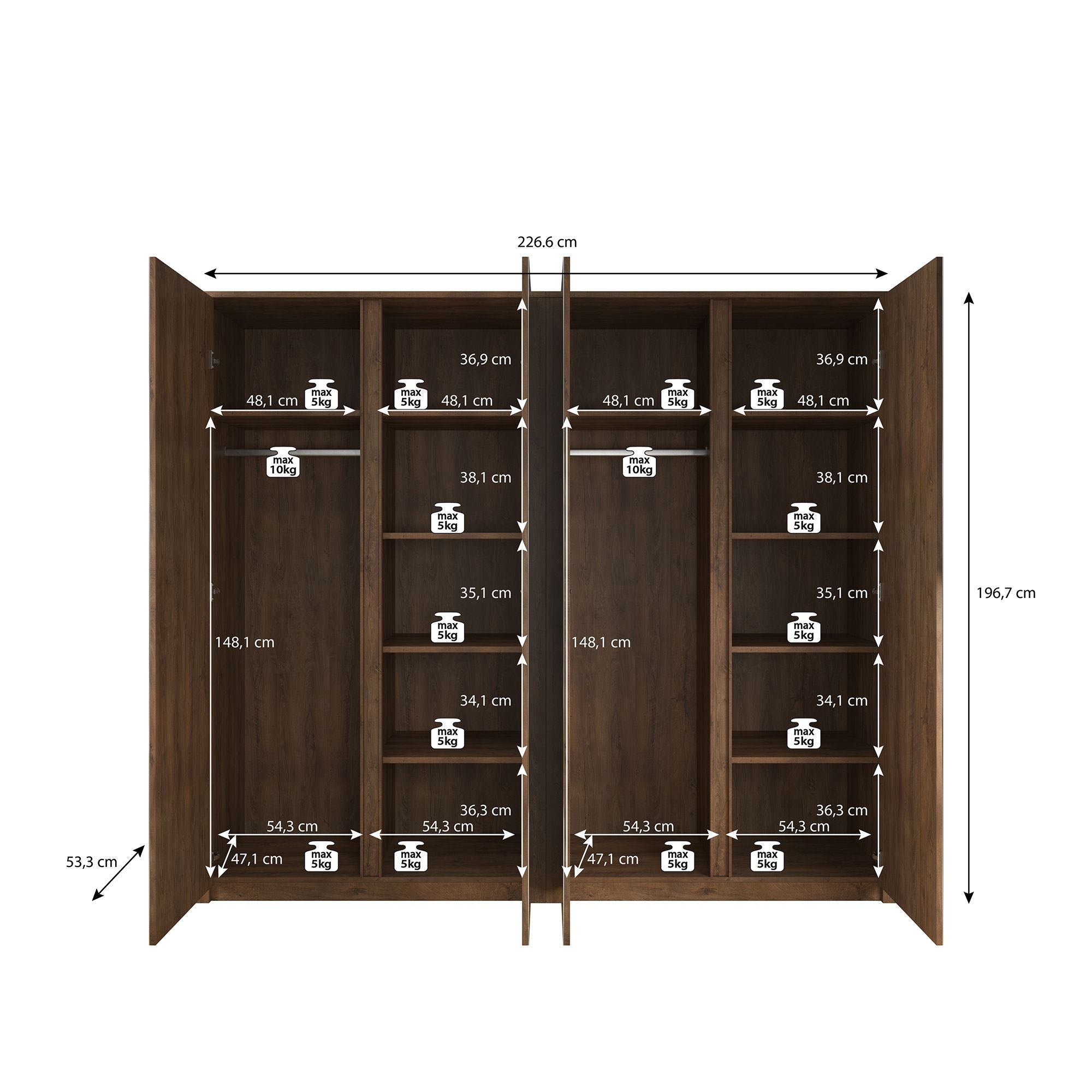 Malibu - Kledingkast 4-deurs - Mat zwart - 227x53x197 cm