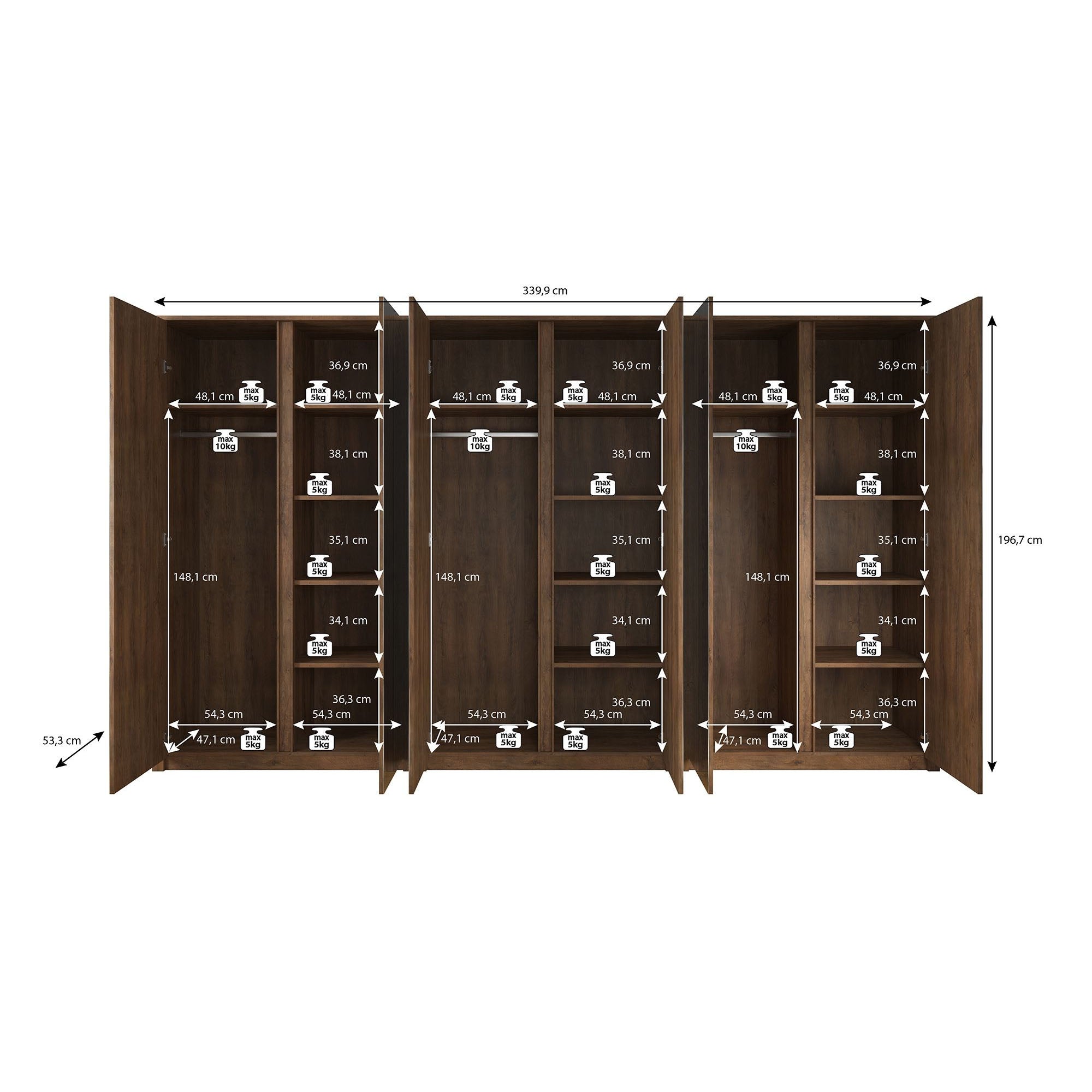 Malibu - Kledingkast 6-deurs - Eiken 340x53x197 cm