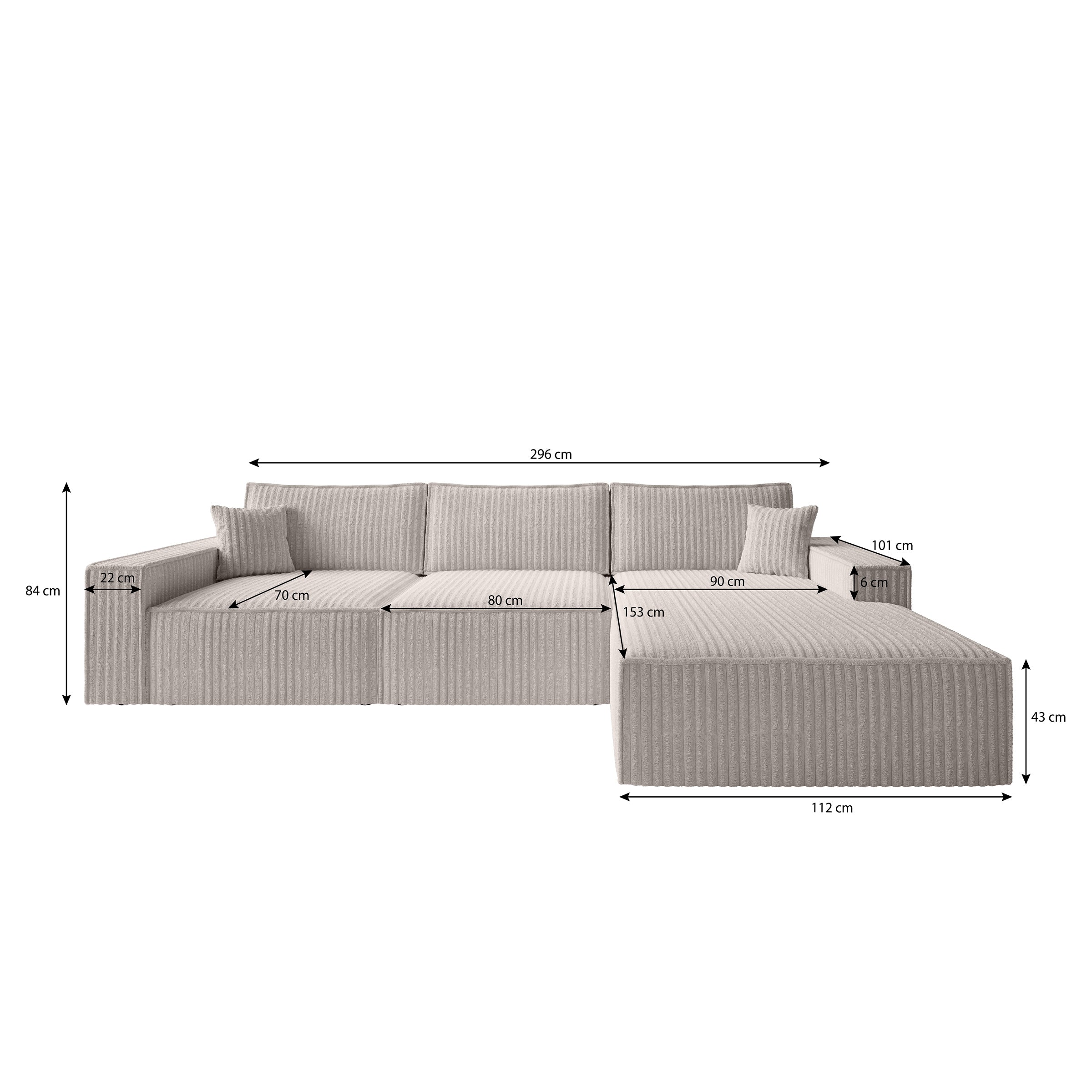 Manolo - Hoekbank 3-zits met chaise longue - Ribstof beige - Rechts
