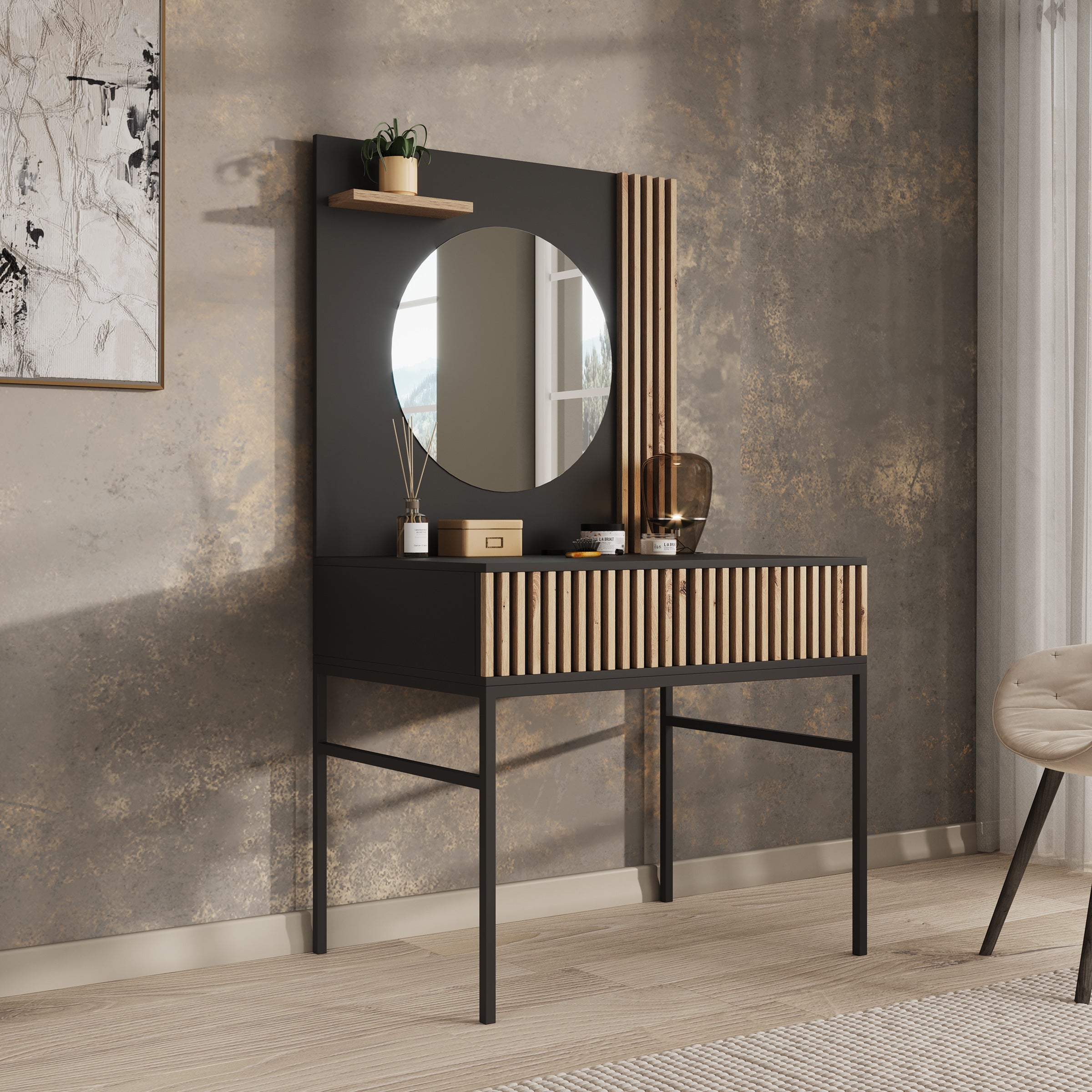 Marbella - Kaptafel met spiegel - Zwart - 85x60x155 cm