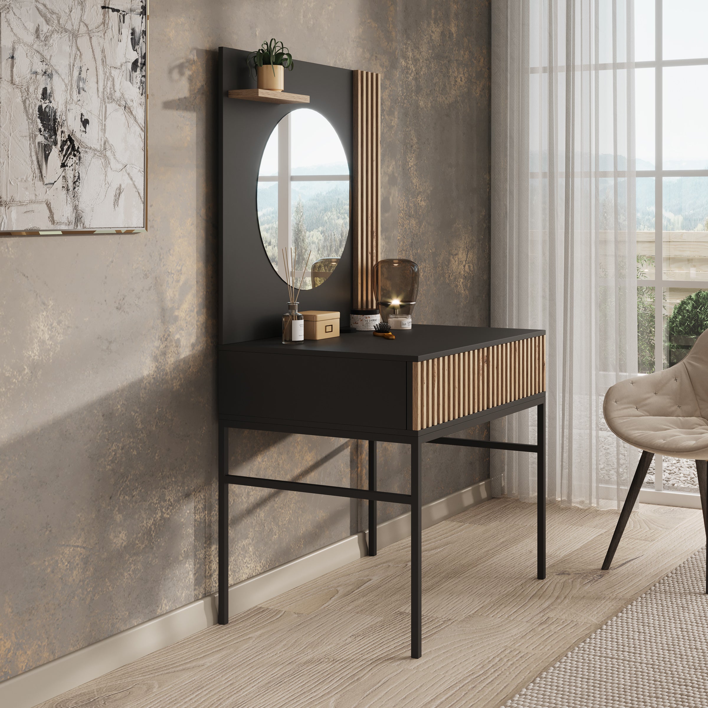 Marbella - Kaptafel met spiegel - Zwart - 85x60x155 cm