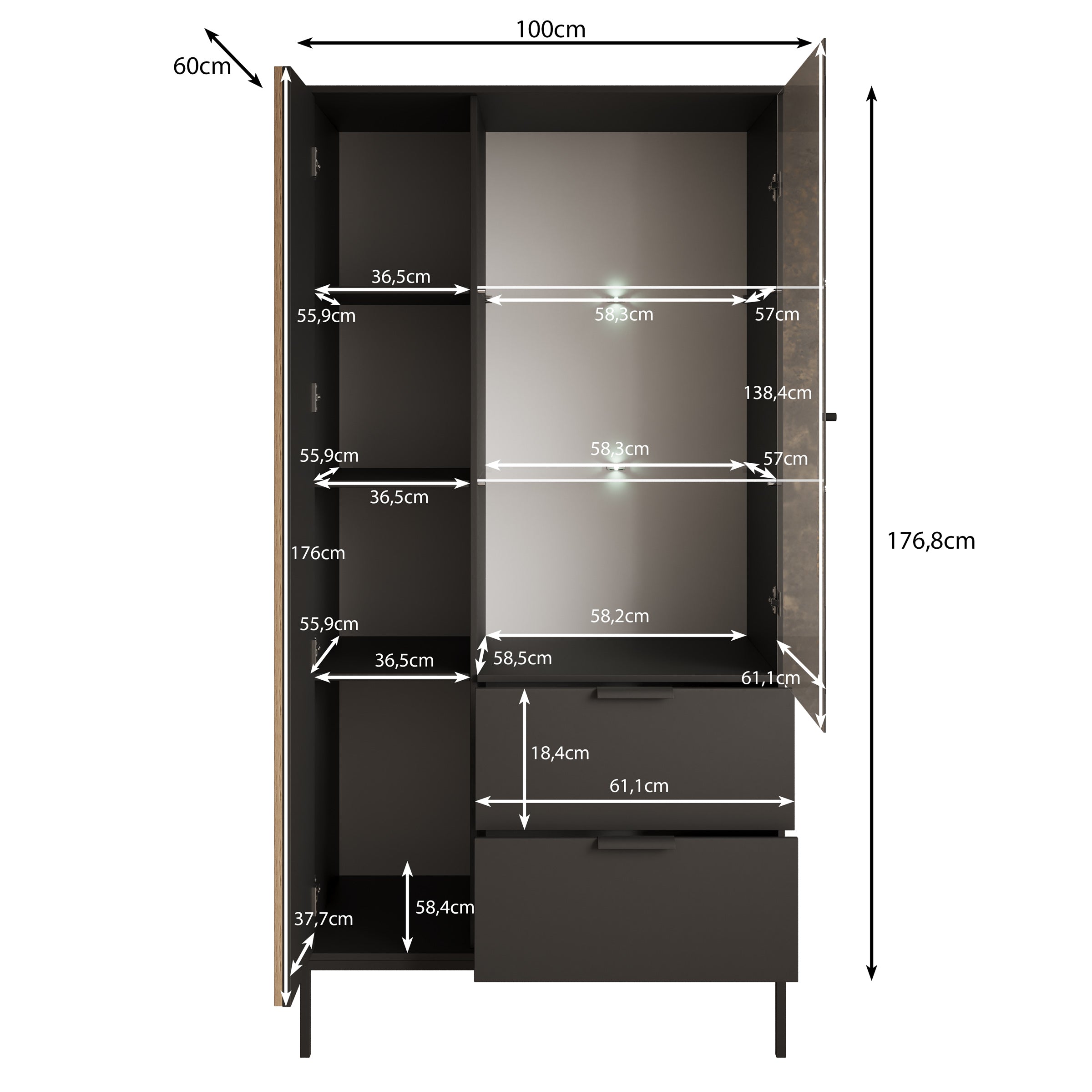 Marbella - Vitrinekast - Zwart - 100x60x200 cm