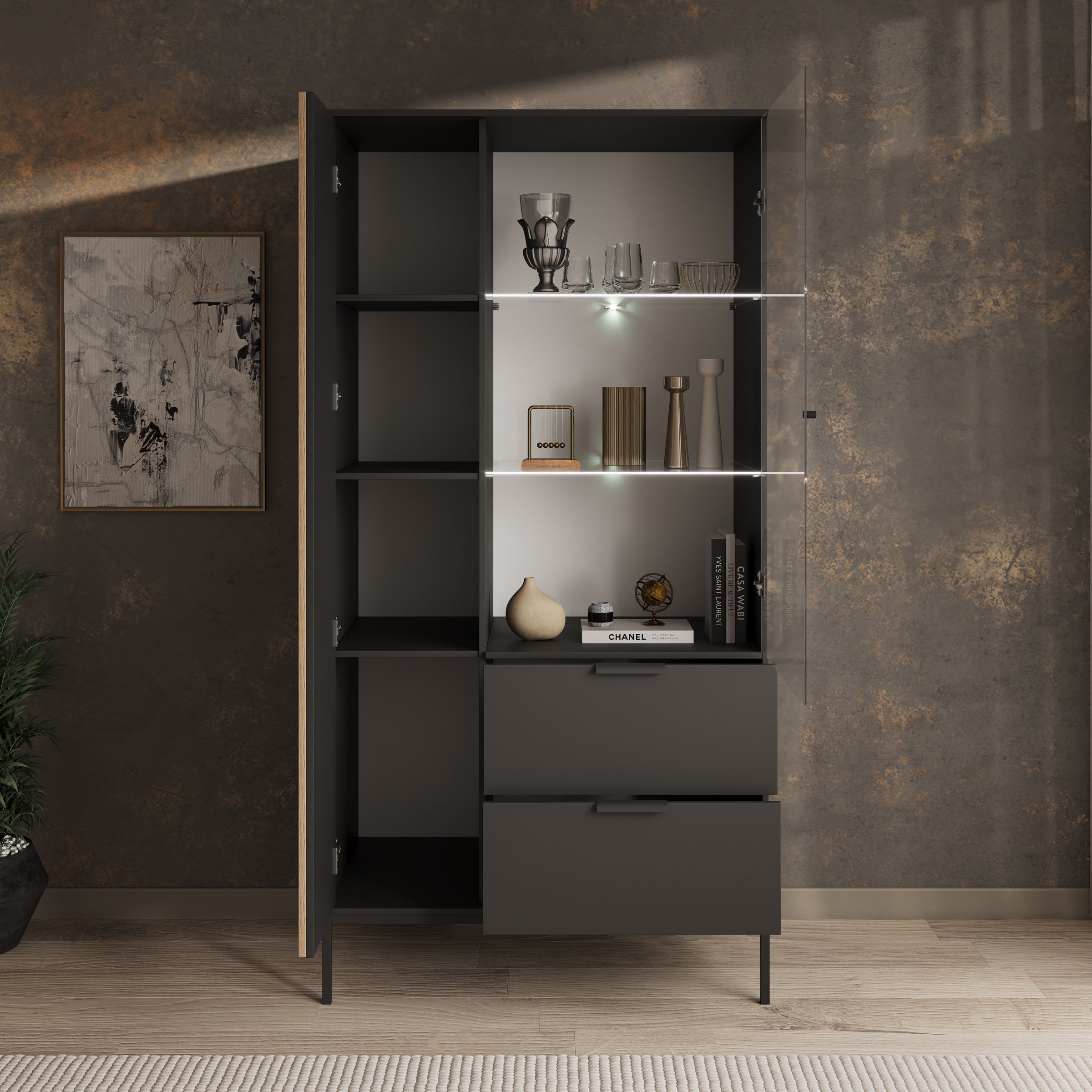 Marbella - Vitrinekast - Zwart - 100x60x200 cm