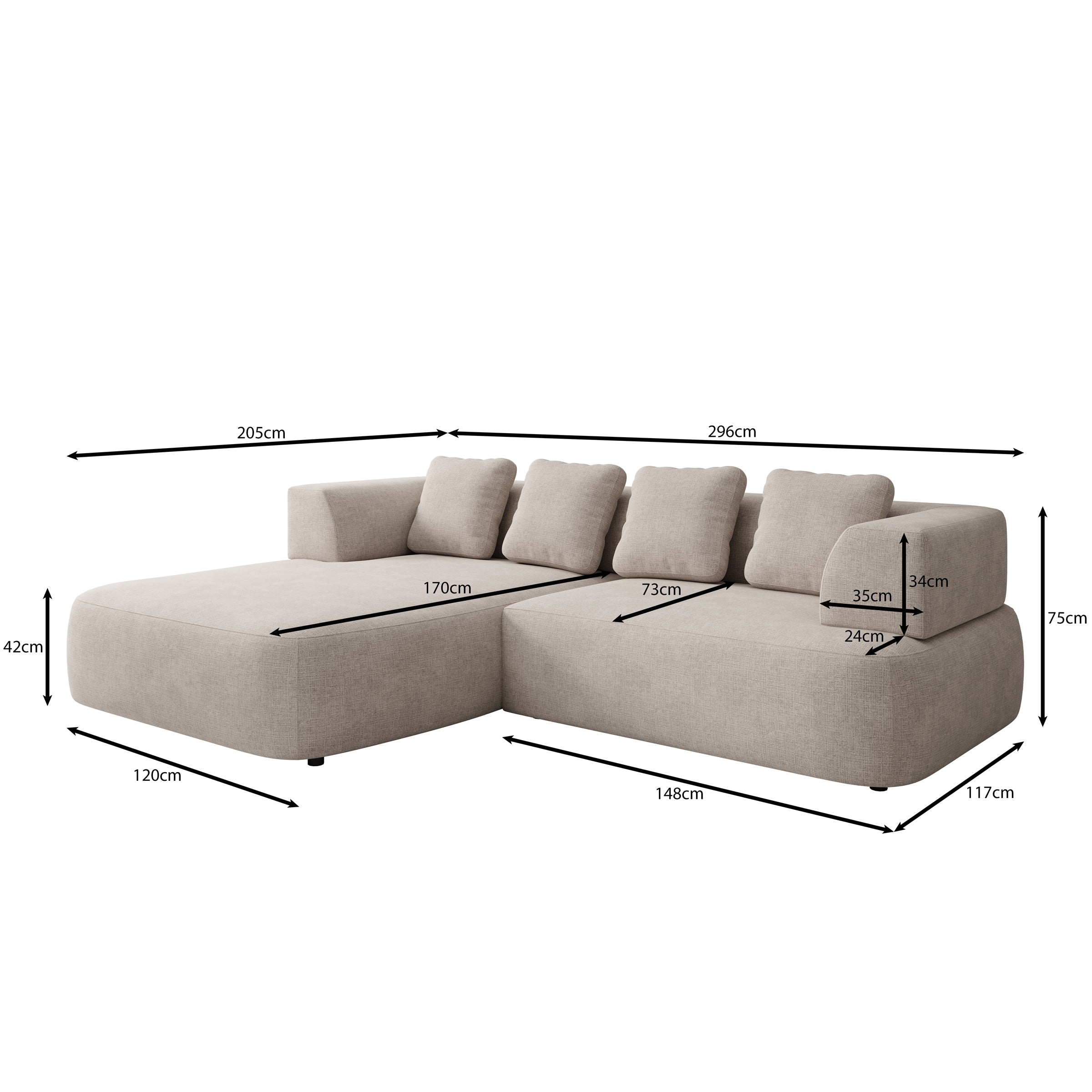 Marcelli - Hoekbank 3-zits met chaise longue - Stof beige - Links