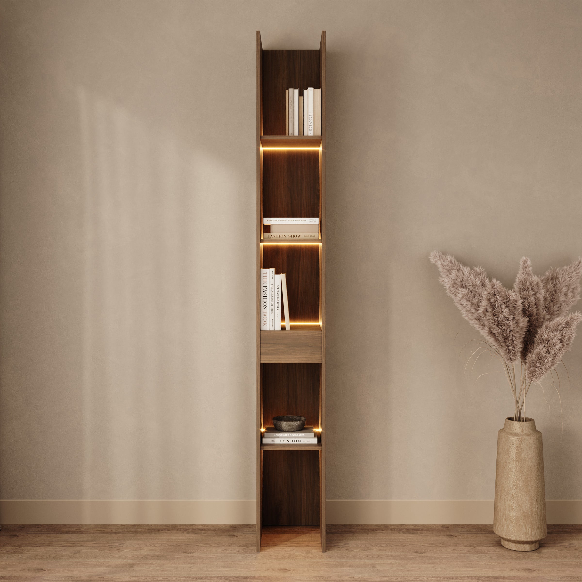 Marchena - Boekenkast met verlichting - Walnootpatroon - 30x38x226 cm