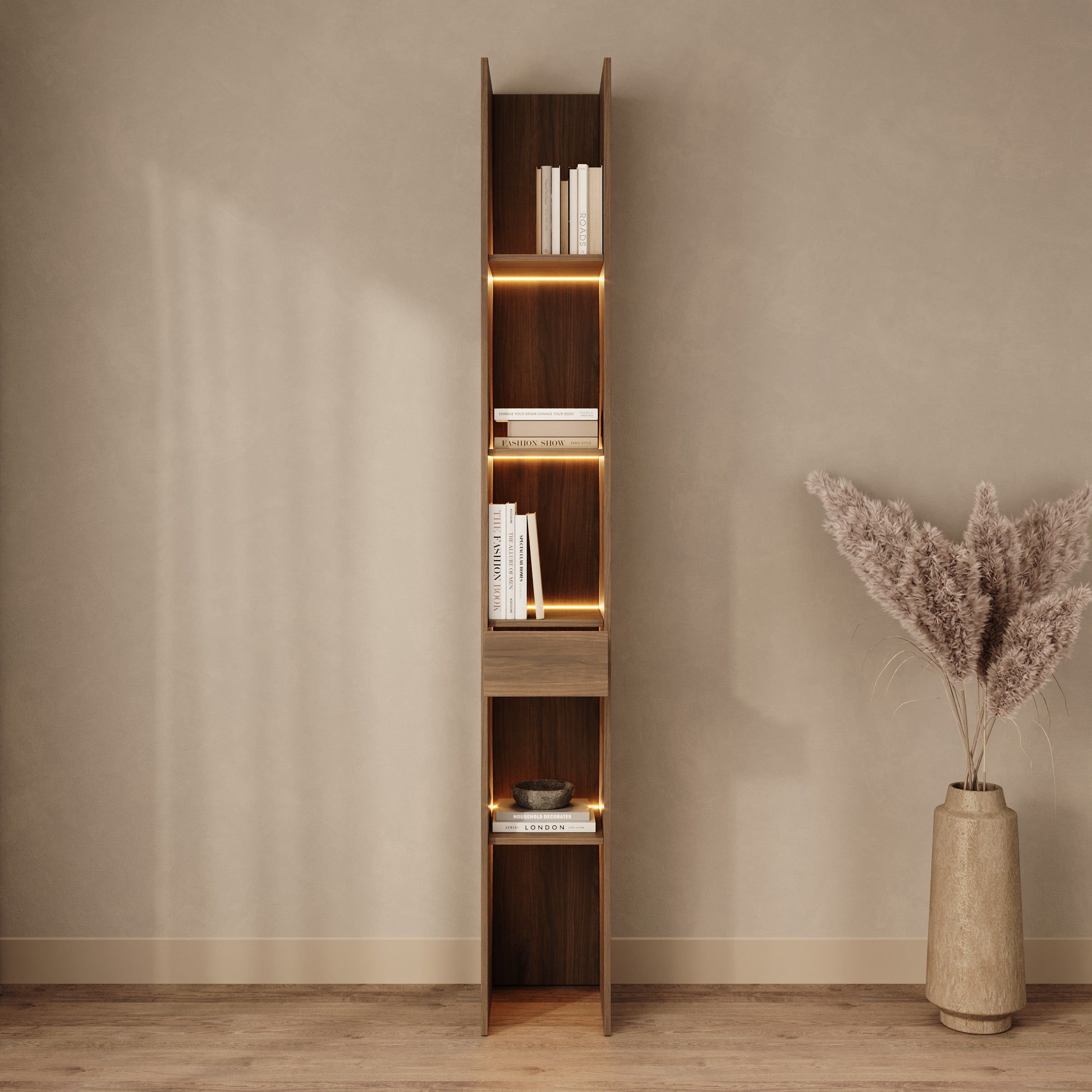 Marchena - Boekenkast met verlichting - Walnootpatroon - 30x38x226 cm