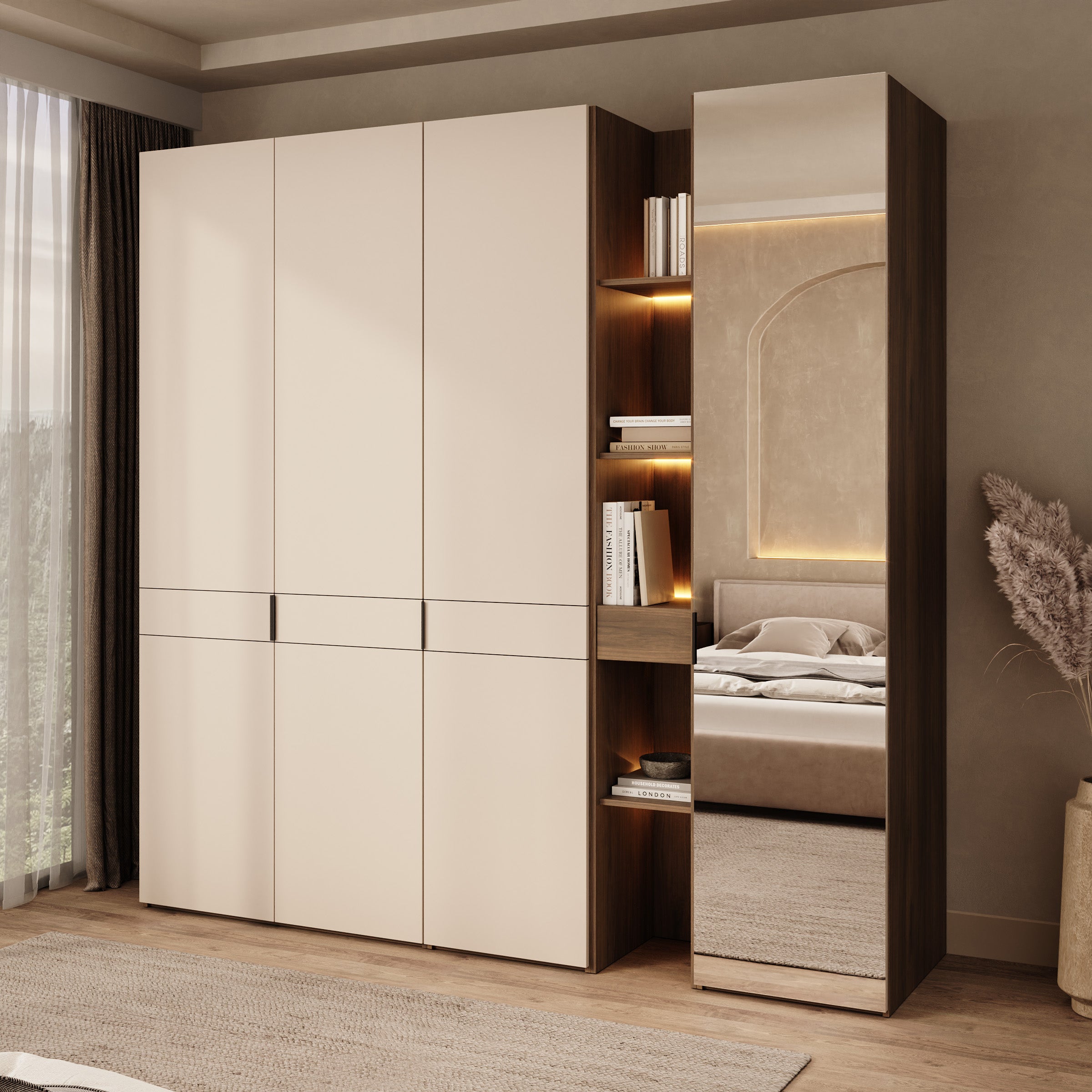 Marchena - Kledingkast 4-deurs - Beige/Walnootpatroon - 230x56x226 cm