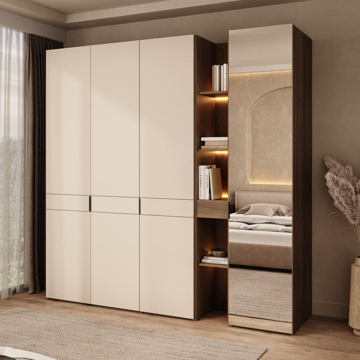Marchena - Kledingkast 4-deurs - Beige/Walnootpatroon - 230x56x226 cm