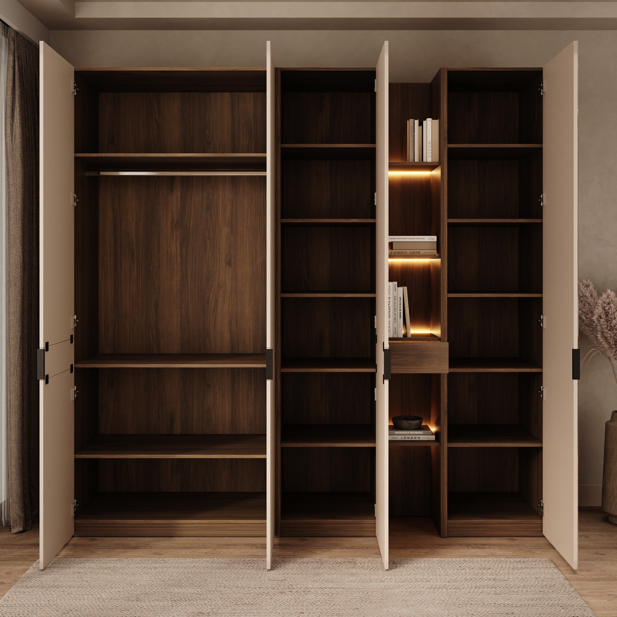 Marchena - Kledingkast 4-deurs - Beige/Walnootpatroon - 230x56x226 cm