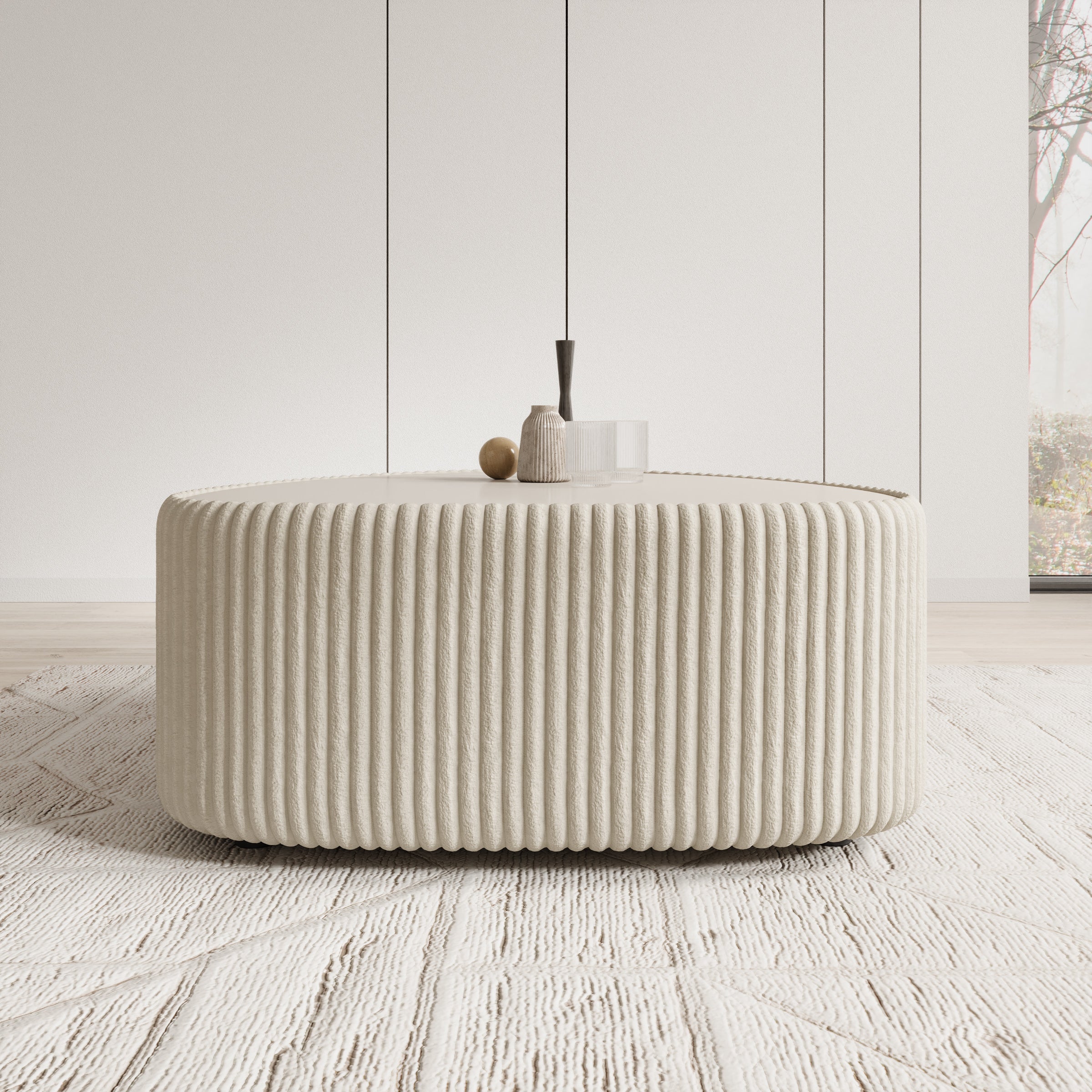Marlen - Salontafel - Fluffy ribstof beige - 96x89x42 cm