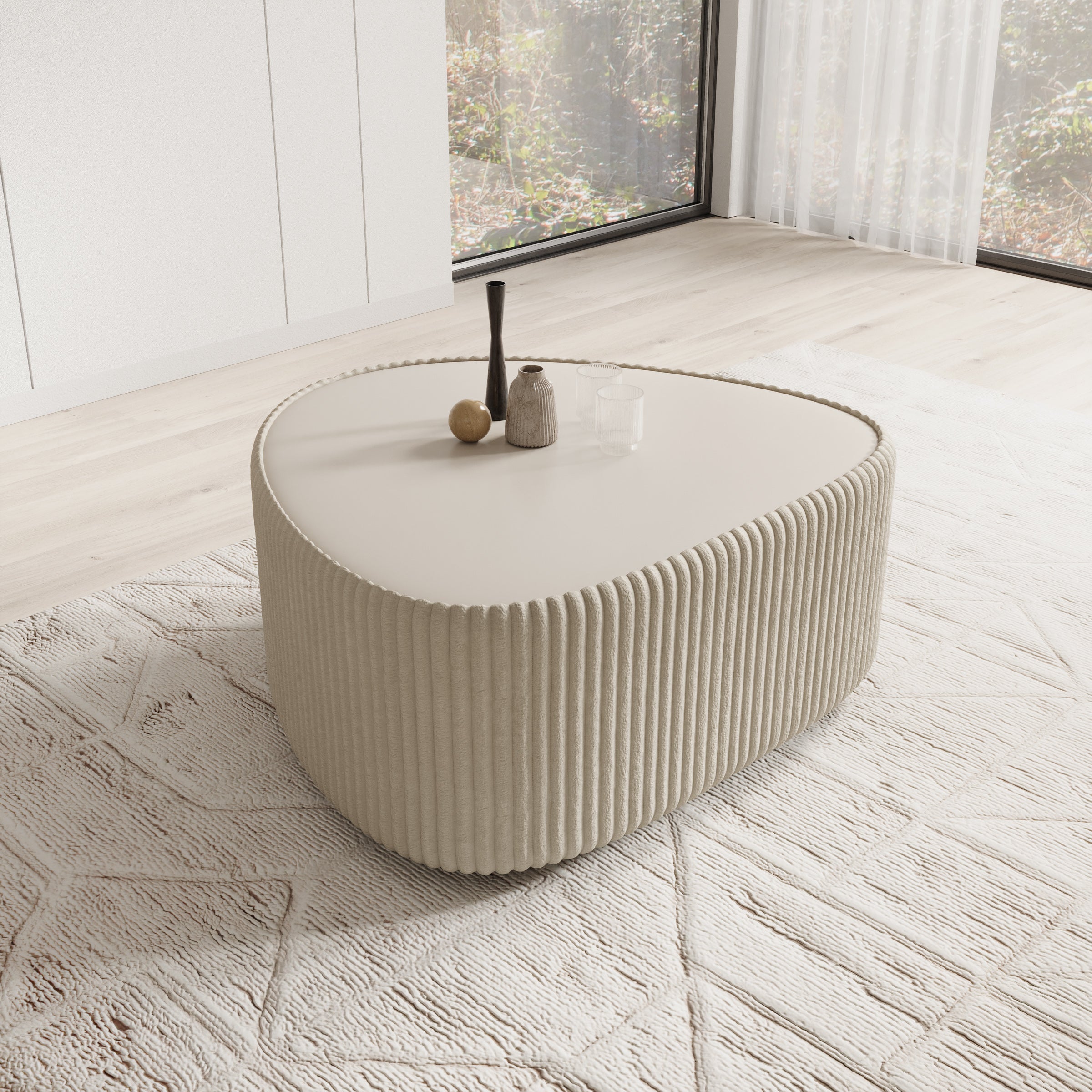 Marlen - Salontafel - Fluffy ribstof beige - 96x89x42 cm