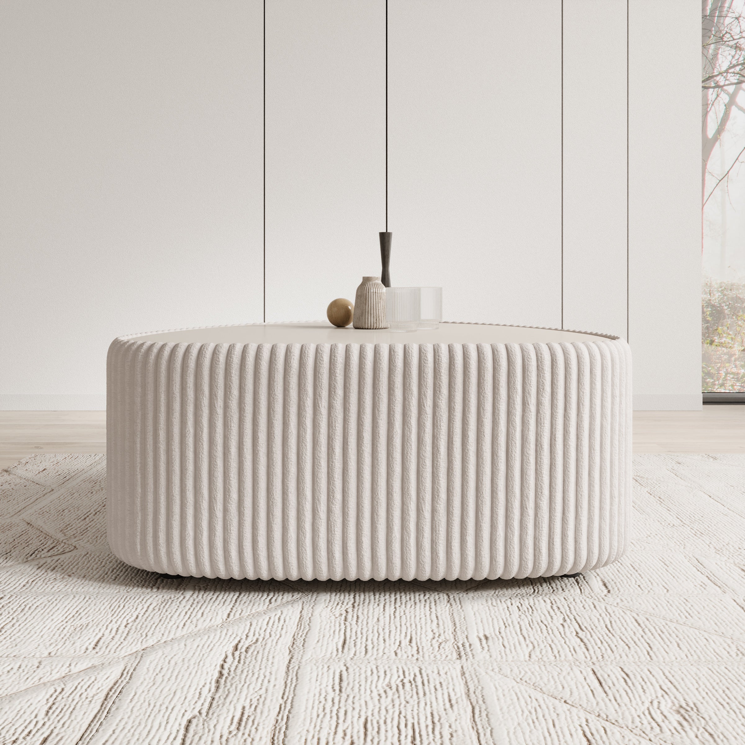 Marlen - Salontafel - Fluffy ribstof wit - 96x89x42 cm