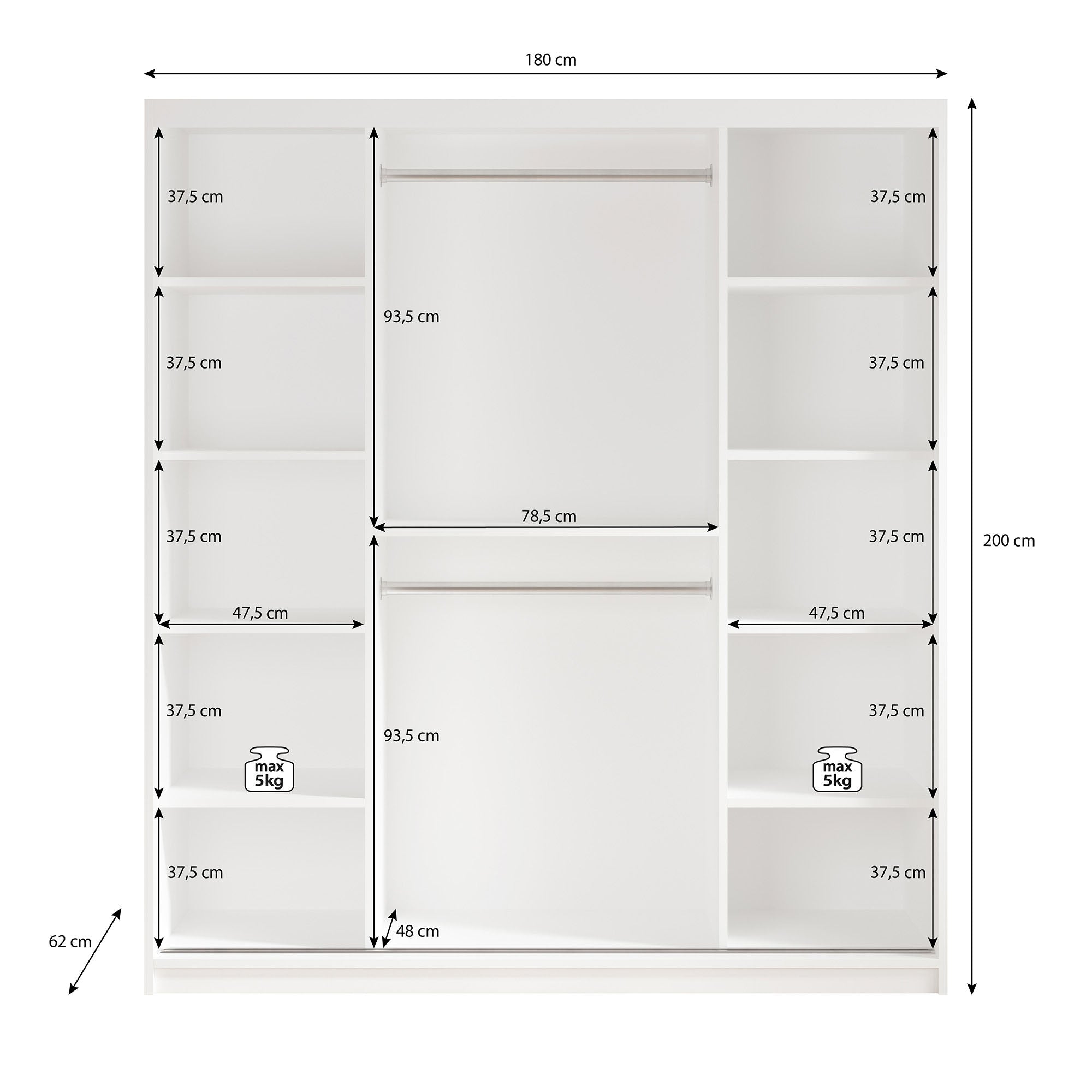 Marmer 2 - Kledinkast met schuifdeuren - Wit - 180x62x200 cm
