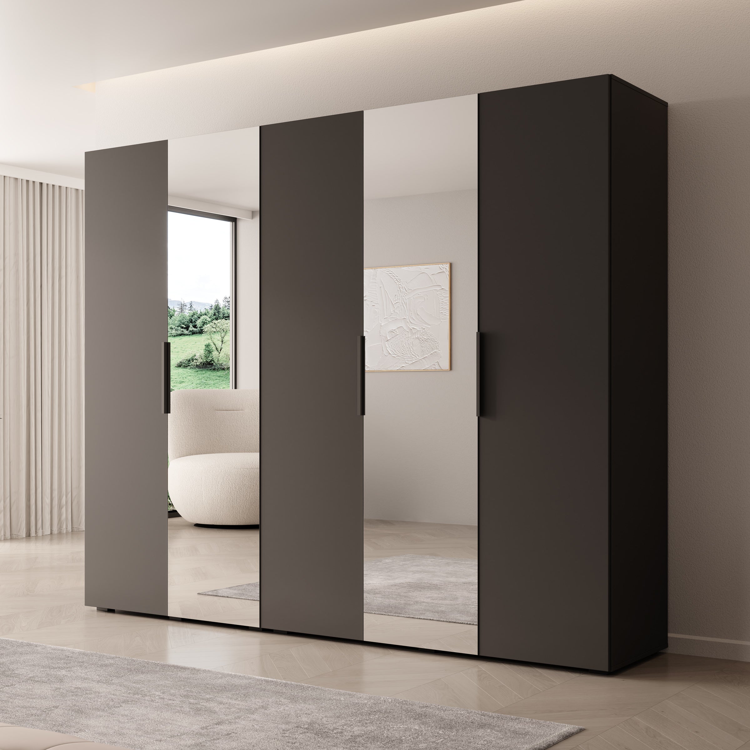 Marquesa - Kledingkast met spiegel - Zwart - 250x50x202 cm