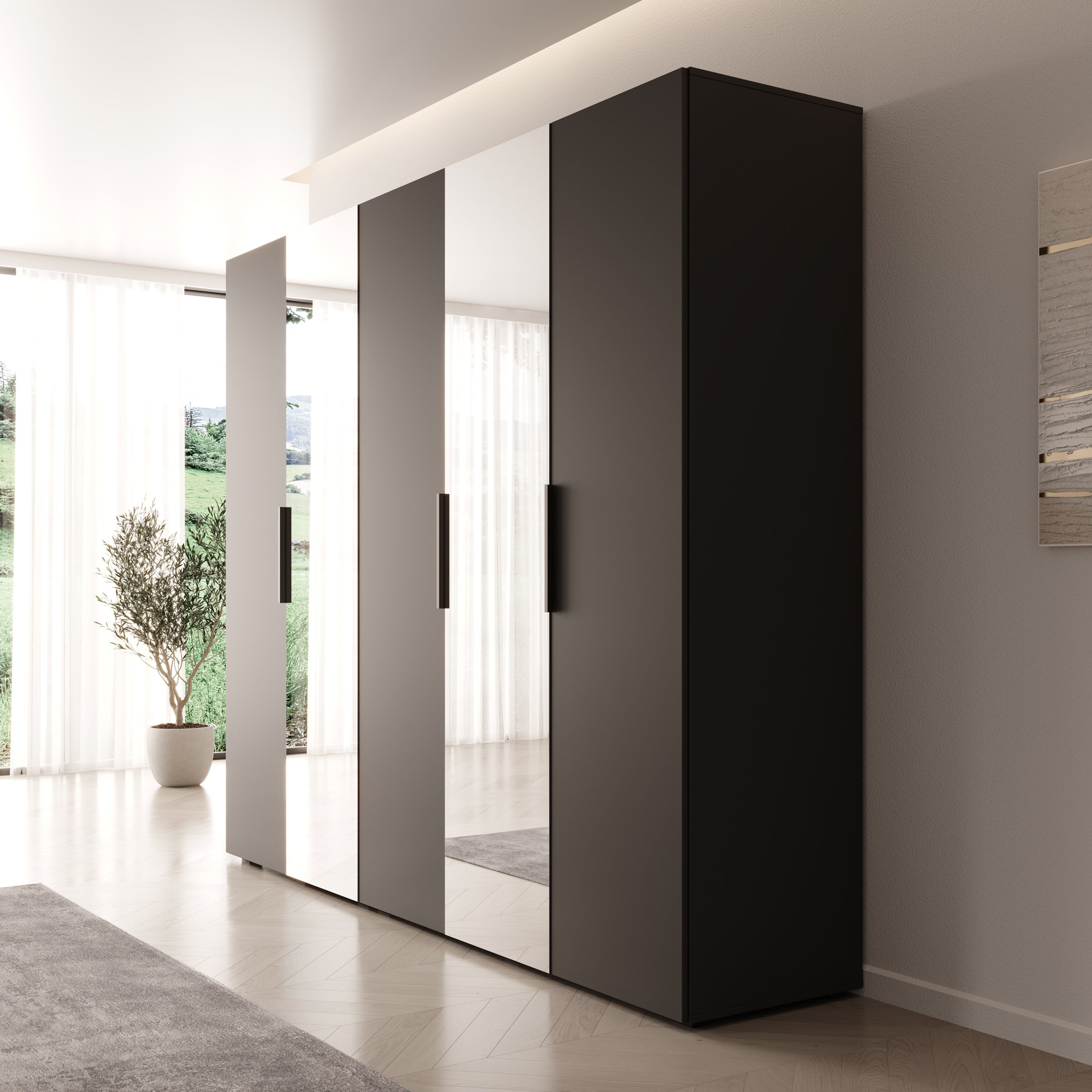 Marquesa - Kledingkast met spiegel - Zwart - 250x50x202 cm