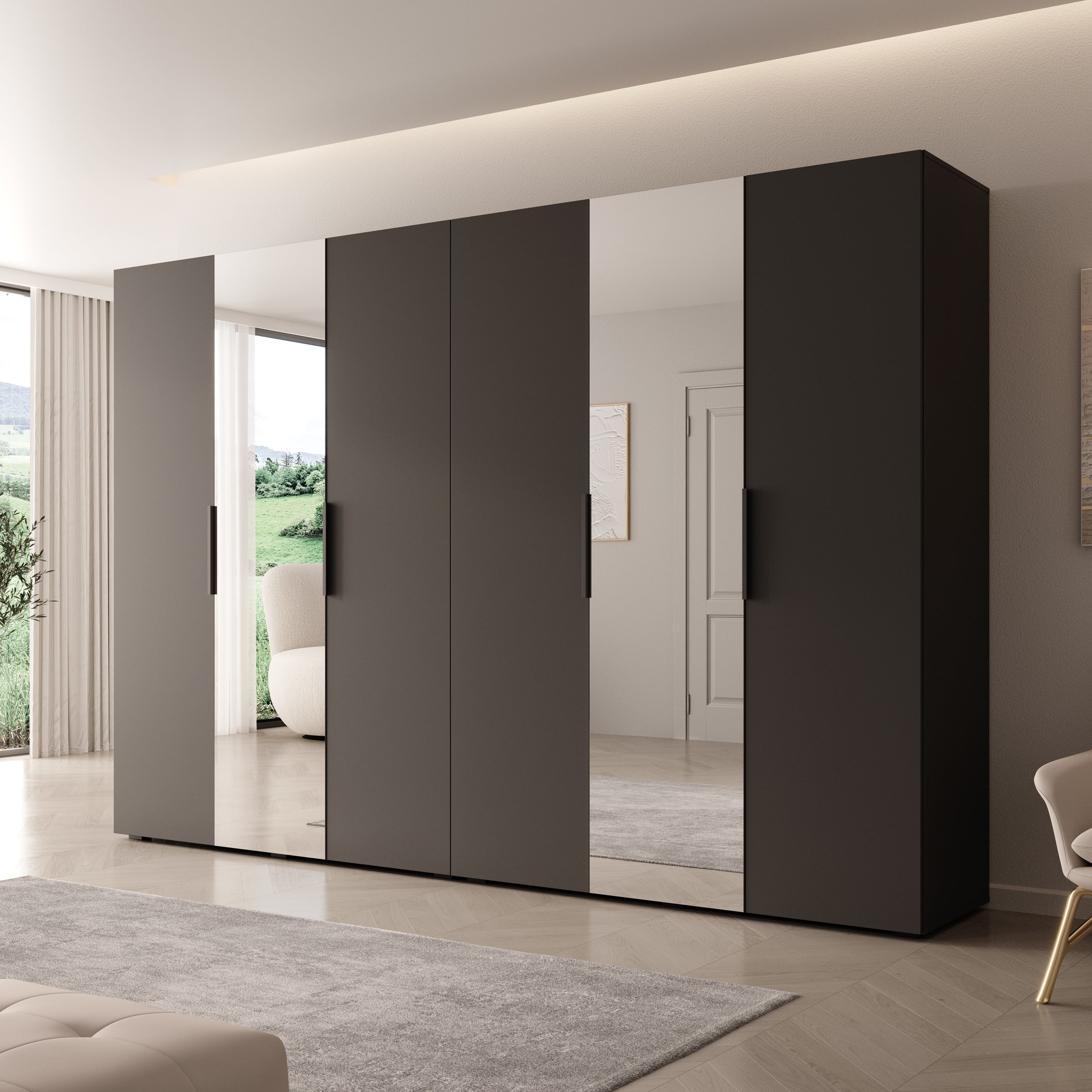 Marquesa - Kledingkast met spiegel - Zwart - 300x50x202 cm