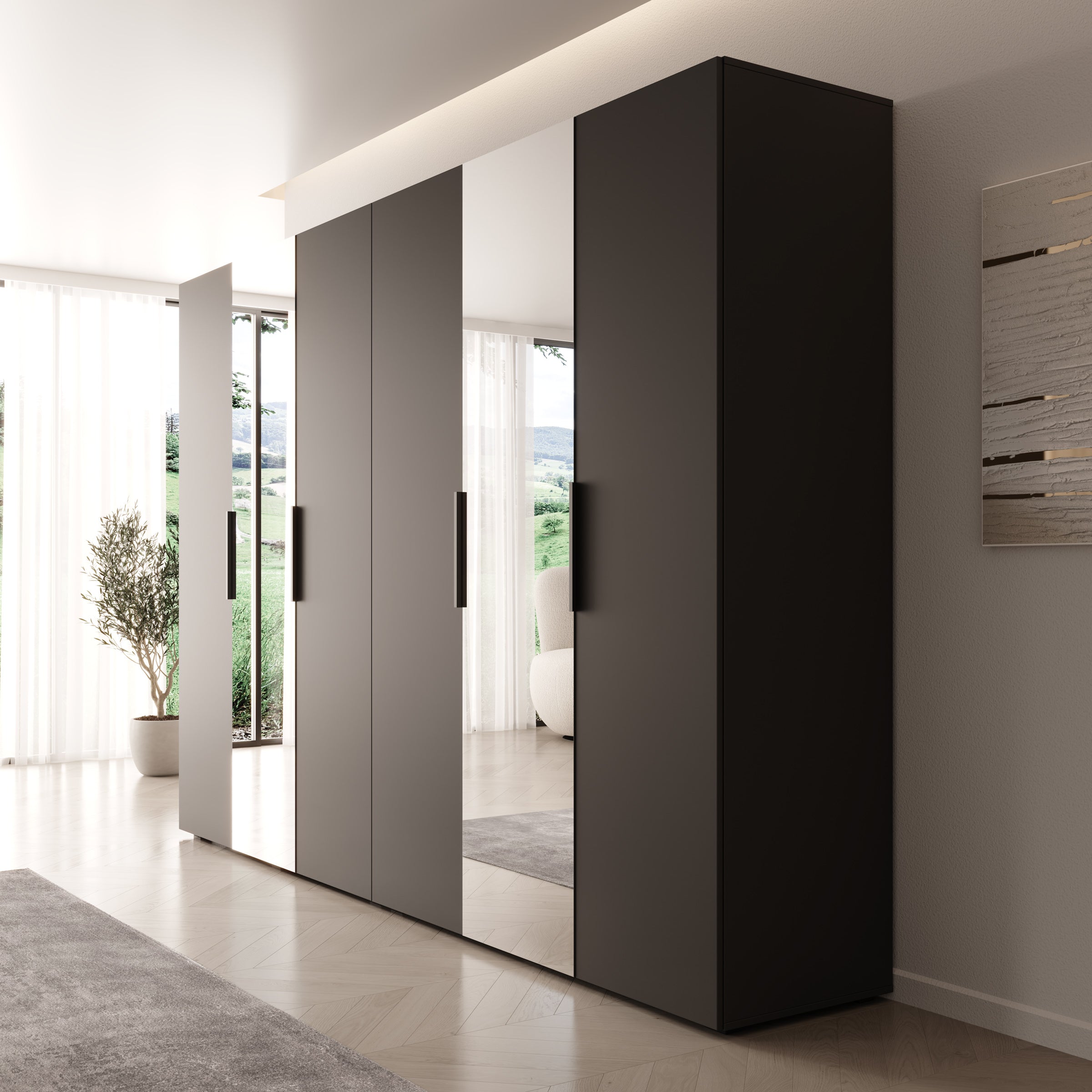 Marquesa - Kledingkast met spiegel - Zwart - 300x50x202 cm