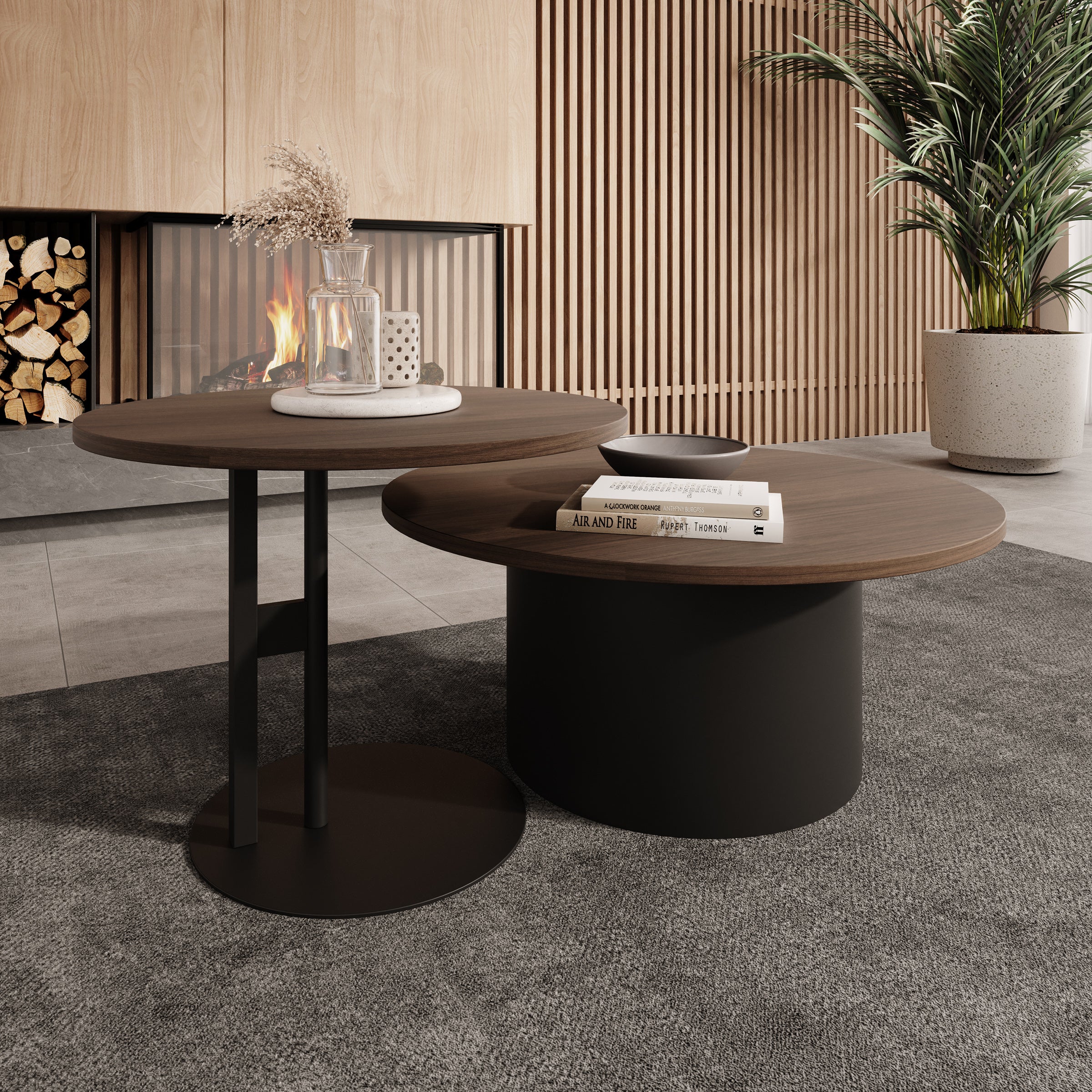 Mastro - Salontafel set van 2 - Zwart / Donker eikenpatroon - 58-75 cm