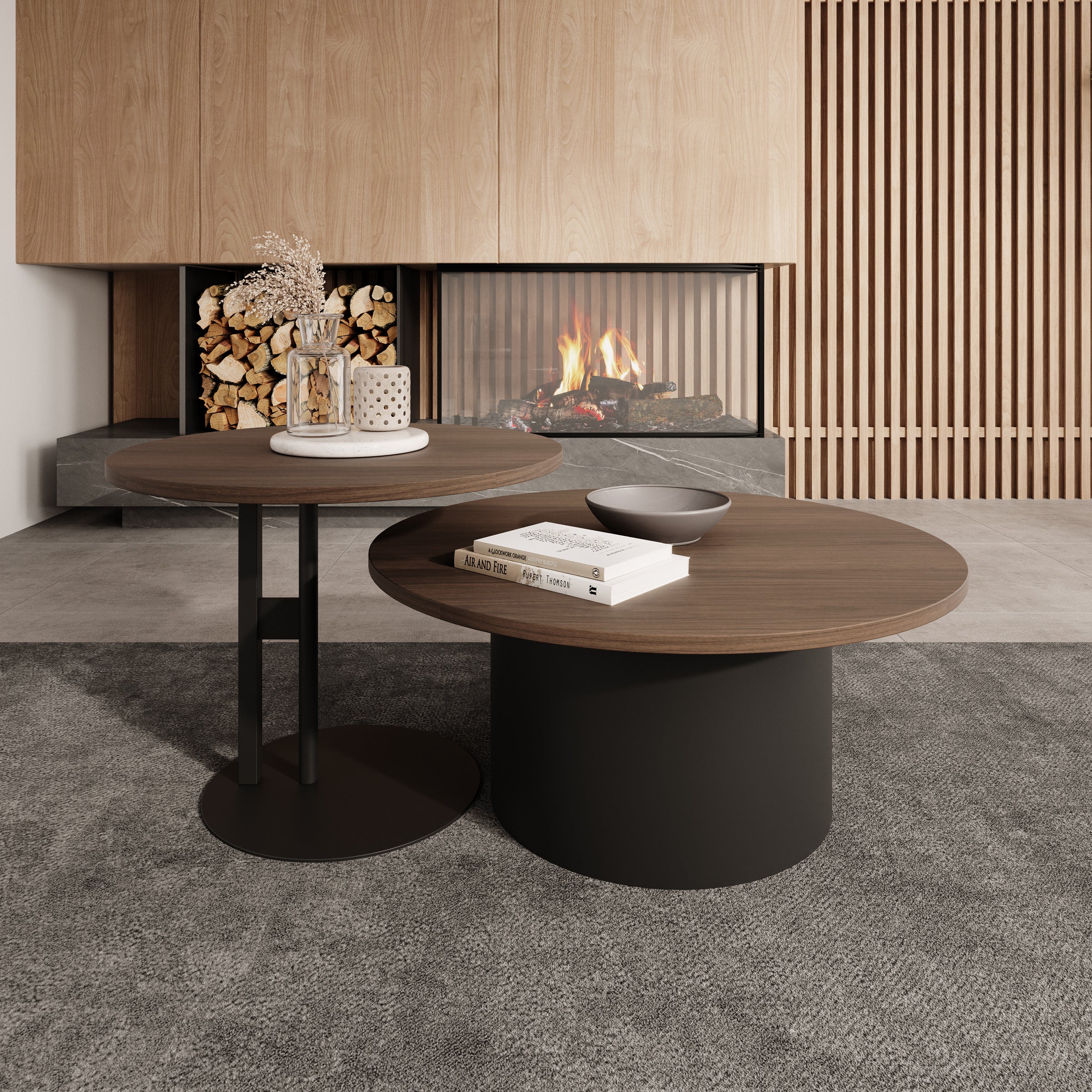 Mastro - Salontafel set van 2 - Zwart / Donker eikenpatroon - 58-75 cm