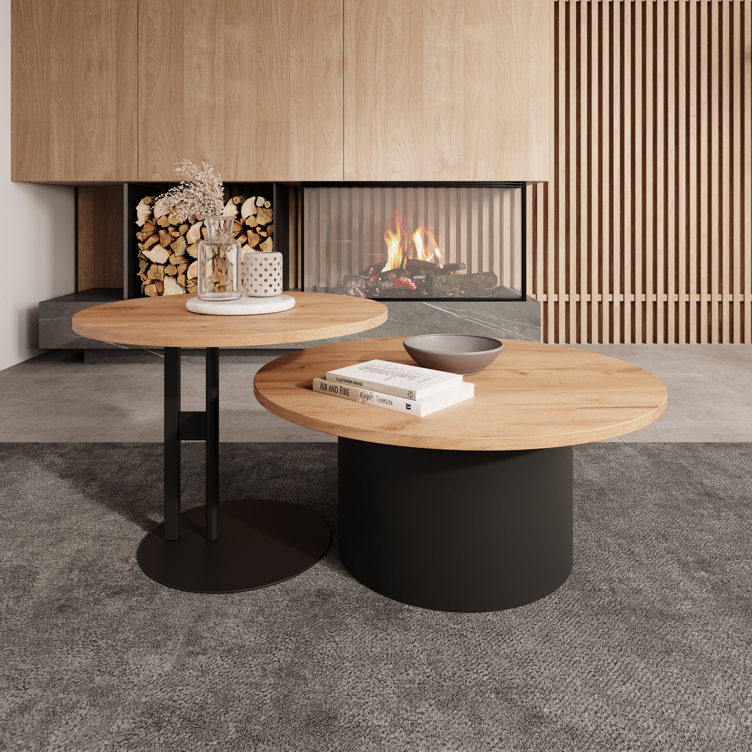Mastro - Salontafel set van 2 - Zwart / Eikenpatroon - 58-75