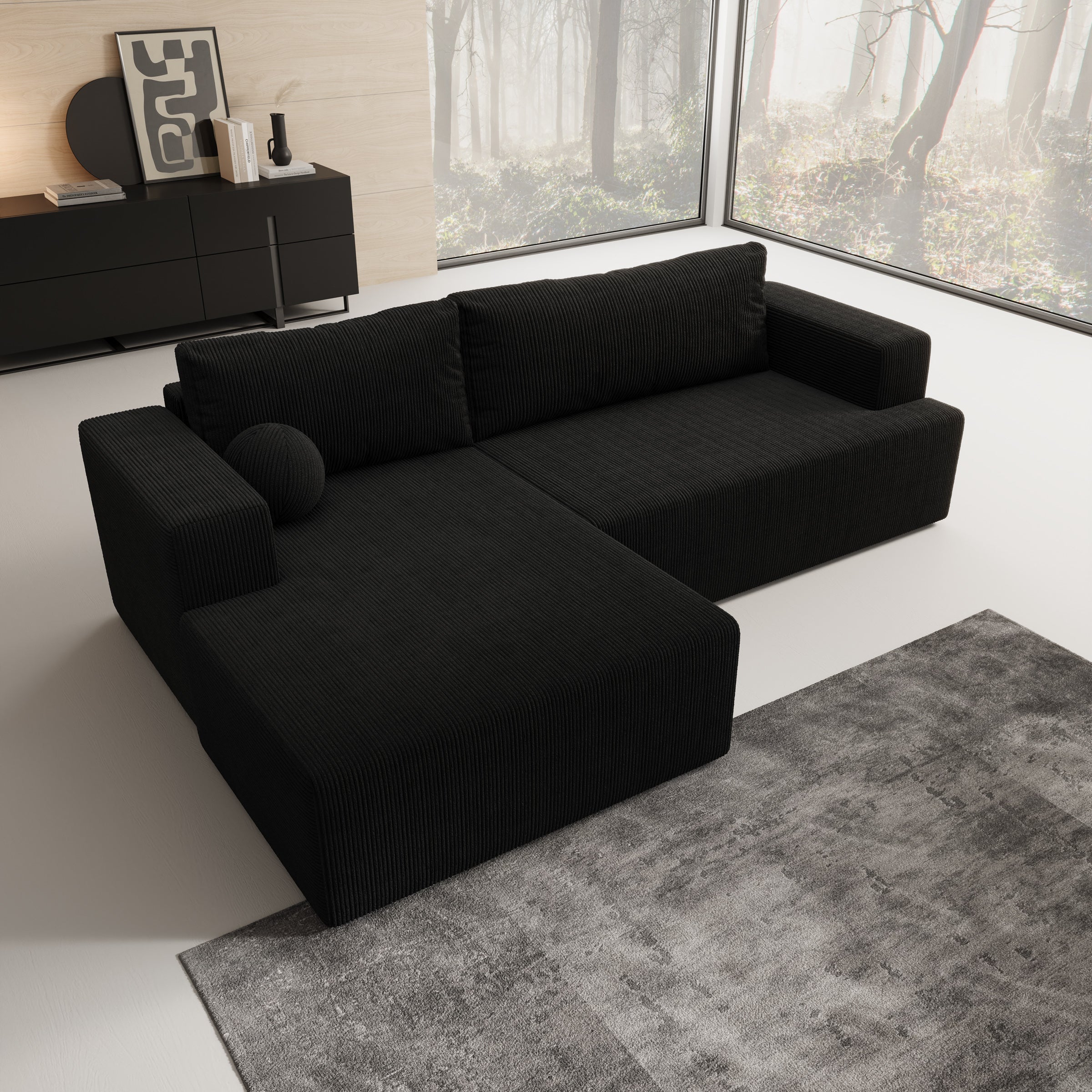 Mavana - Hoekbank 2-zits met chaise longue - Ribstof zwart - Links