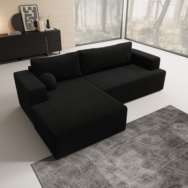 Mavana - Hoekbank 2-zits met chaise longue - Ribstof zwart - Links