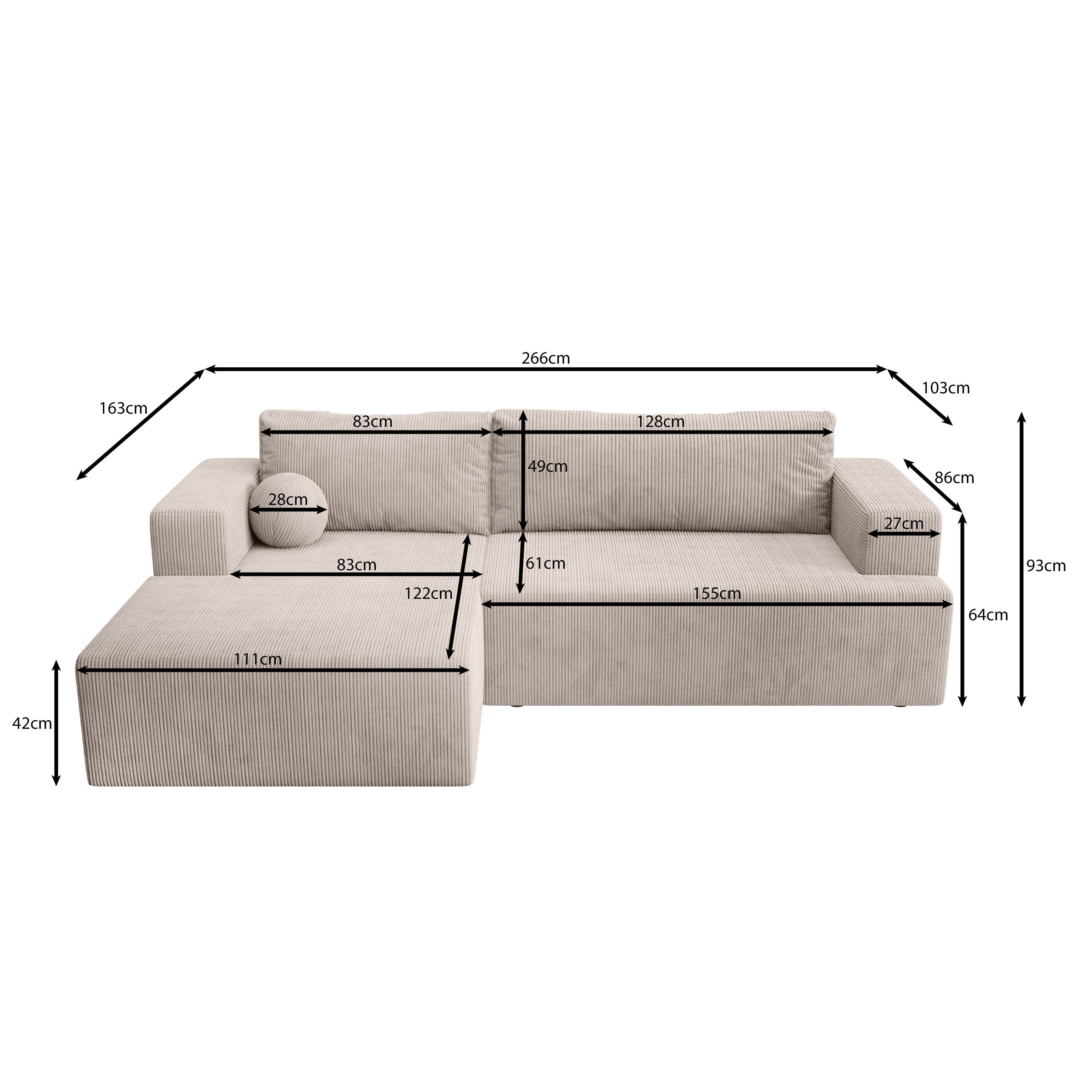 Mavana - Hoekbank 2-zits met chaise longue - Ribstof zwart - Links