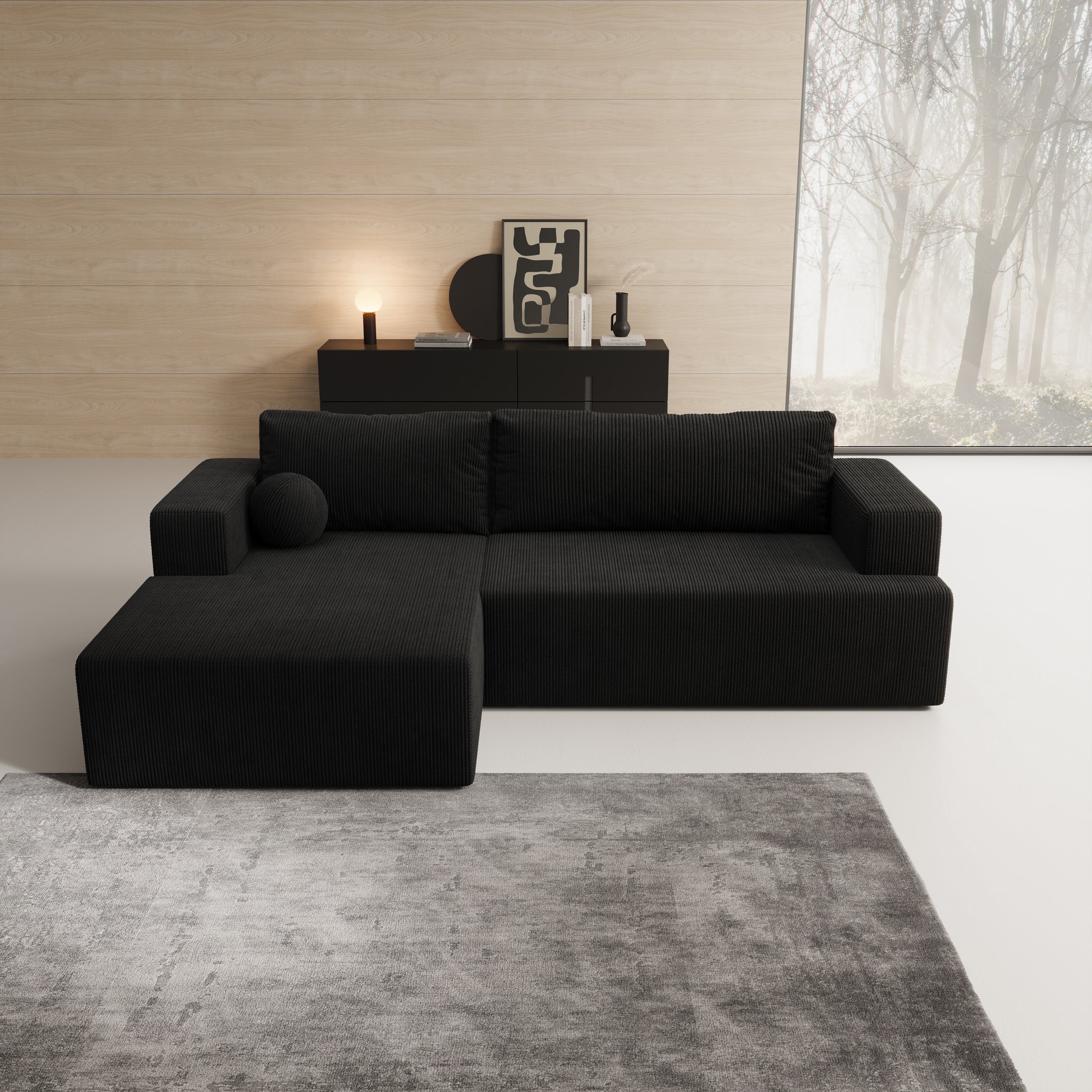 Mavana - Hoekbank 2-zits met chaise longue - Ribstof zwart - Links
