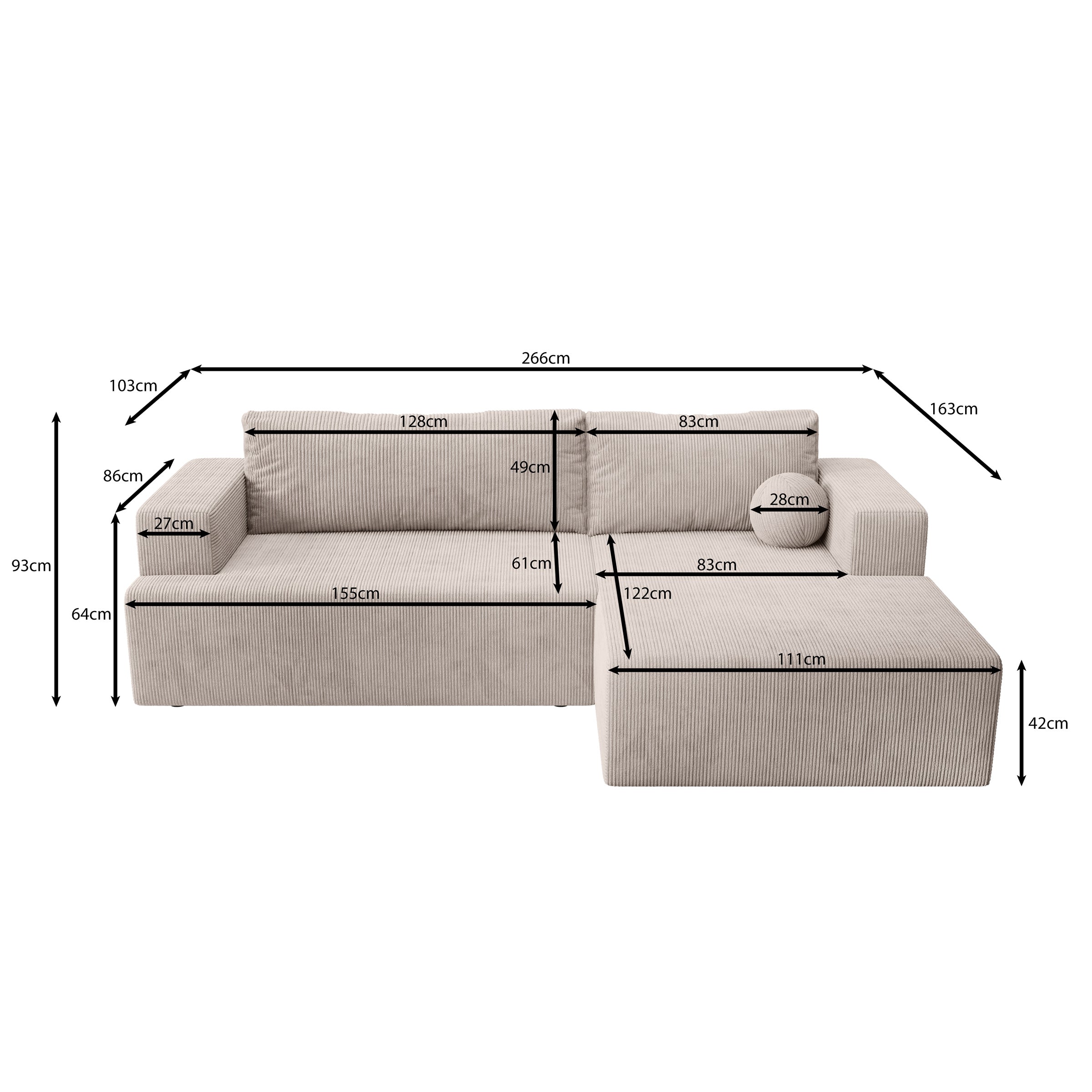 Mavana - Hoekbank 2-zits met chaise longue - Ribstof zwart - Rechts