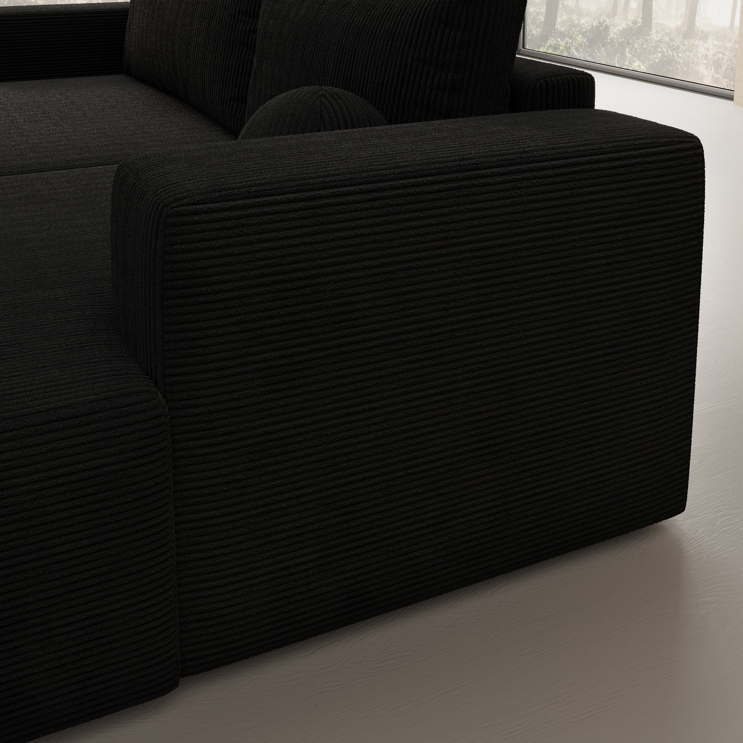 Mavana - Hoekbank 2-zits met chaise longue - Ribstof zwart - Rechts