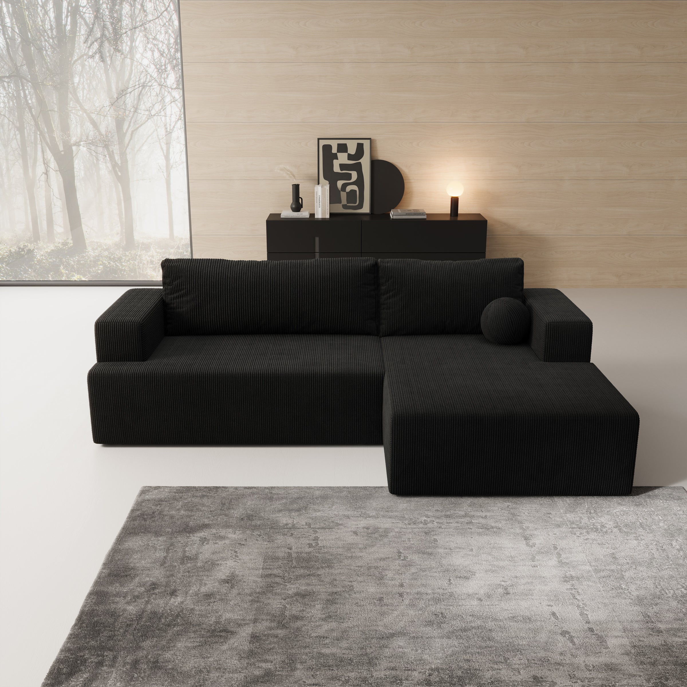 Mavana - Hoekbank 2-zits met chaise longue - Ribstof zwart - Rechts
