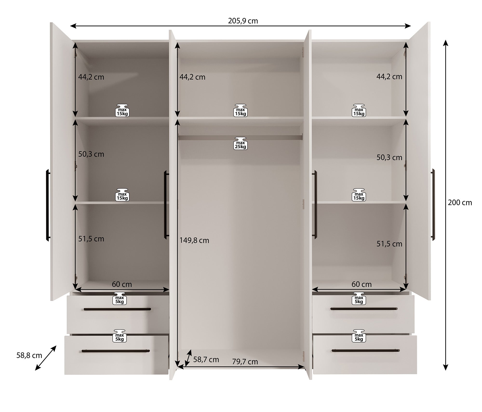 Mayen - Kledingkast 4 deuren - Zwart - 206x59x200 cm