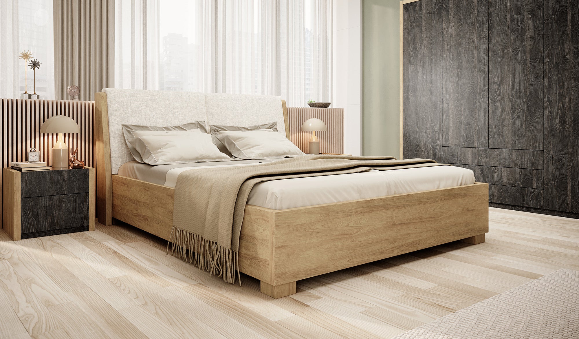 Mendi - Tweepersoonsbed - Eiken/Antraciet - 160x200 cm