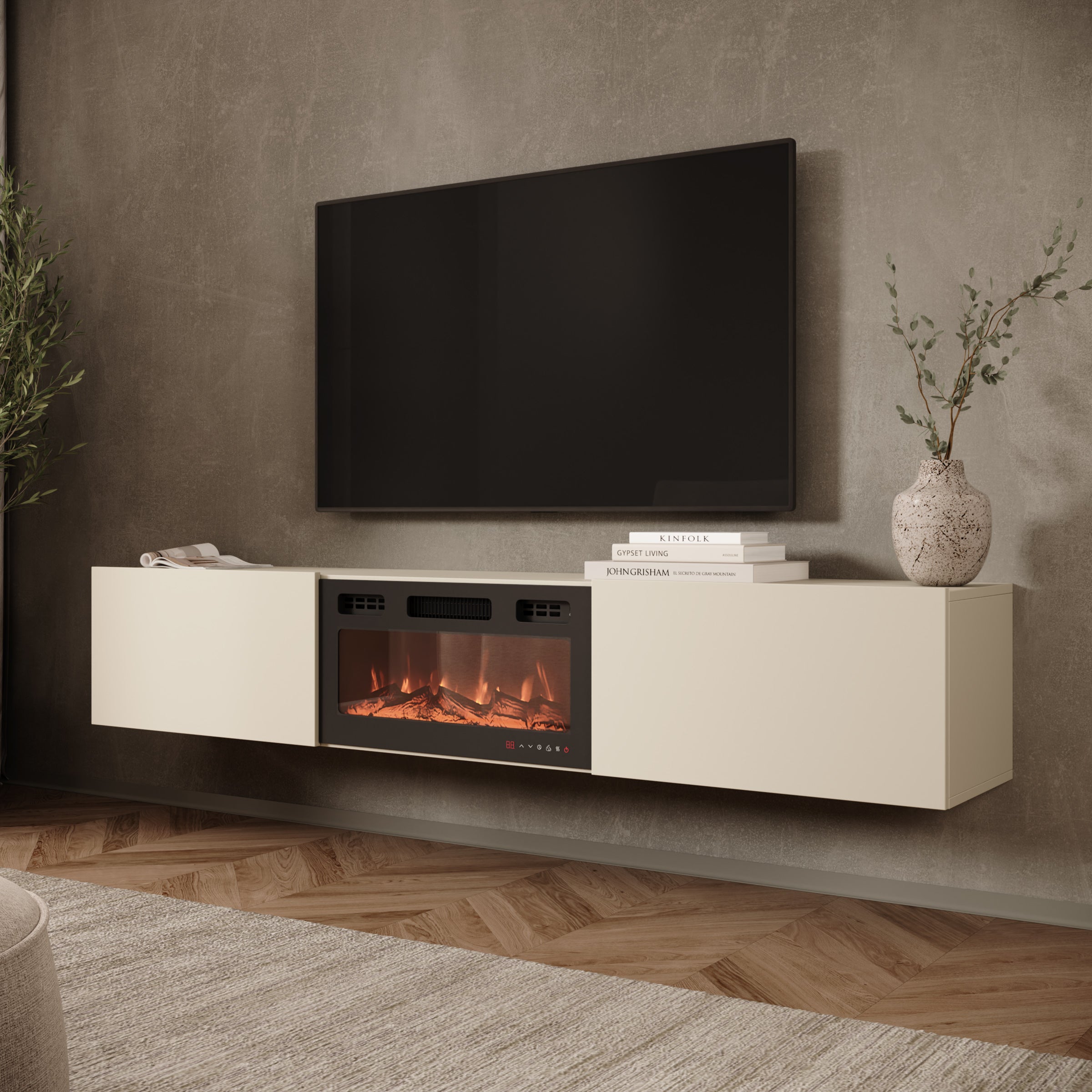 Merion - TV-Meubel met sfeerhaard - Beige - 180x32x32 cm